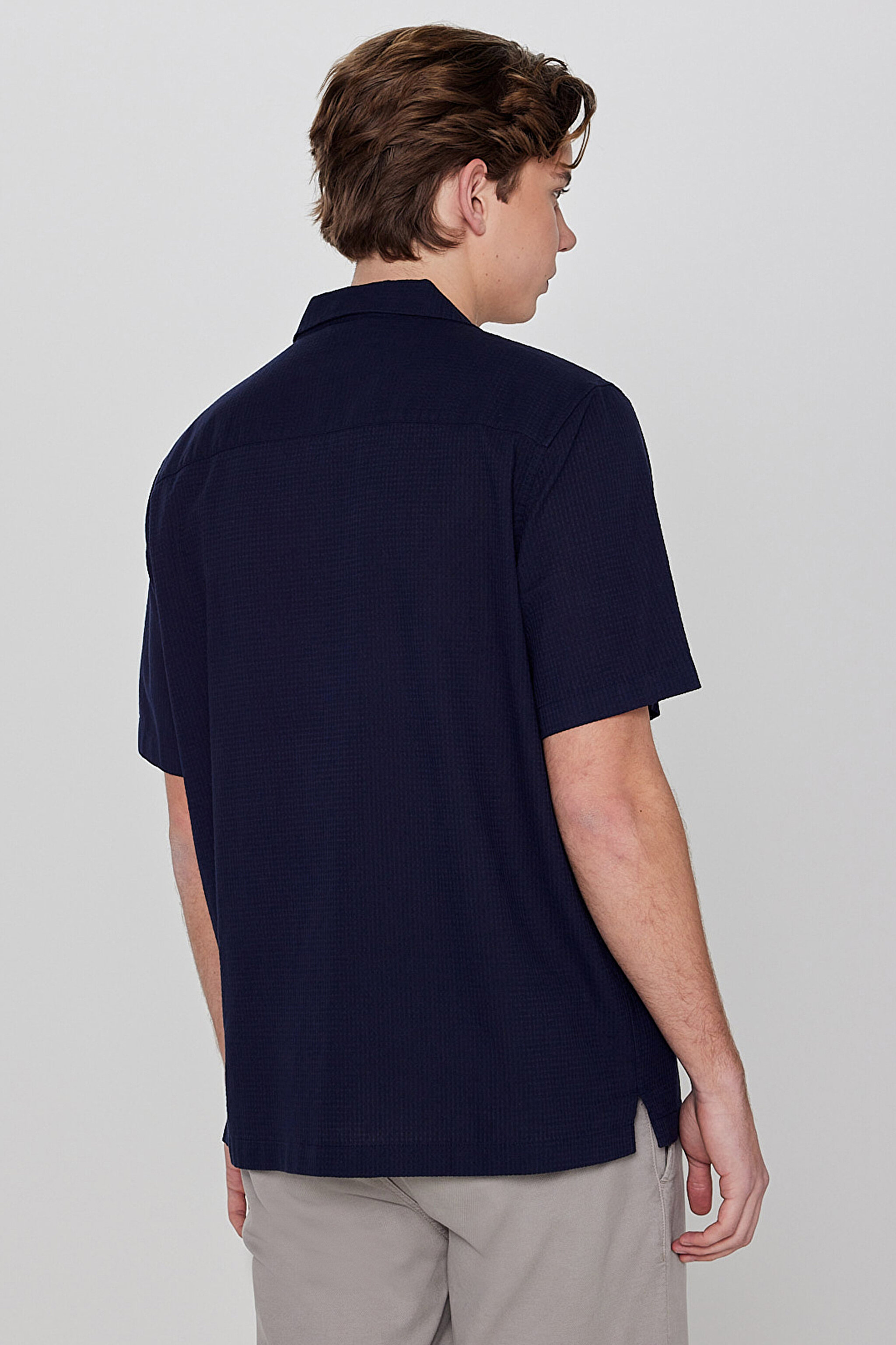 %100 Pamuk Relaxed Fit Rahat Kesim Kısa Kollu Gömlek - Navy-L2610155410 (görsel 5)