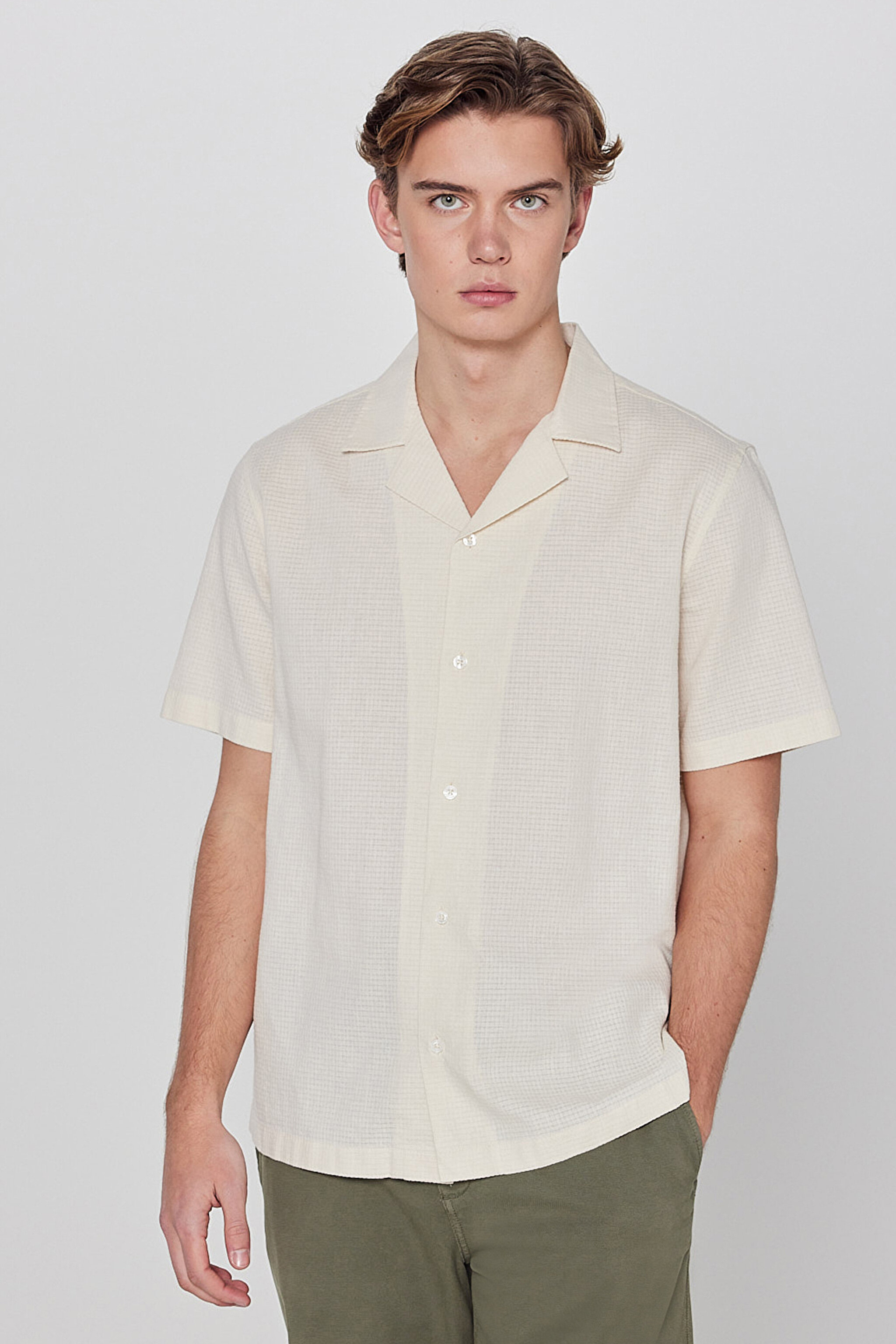 %100 Pamuk Relaxed Fit Rahat Kesim Kısa Kollu Gömlek - Beige-L2610155614 (görsel 2)