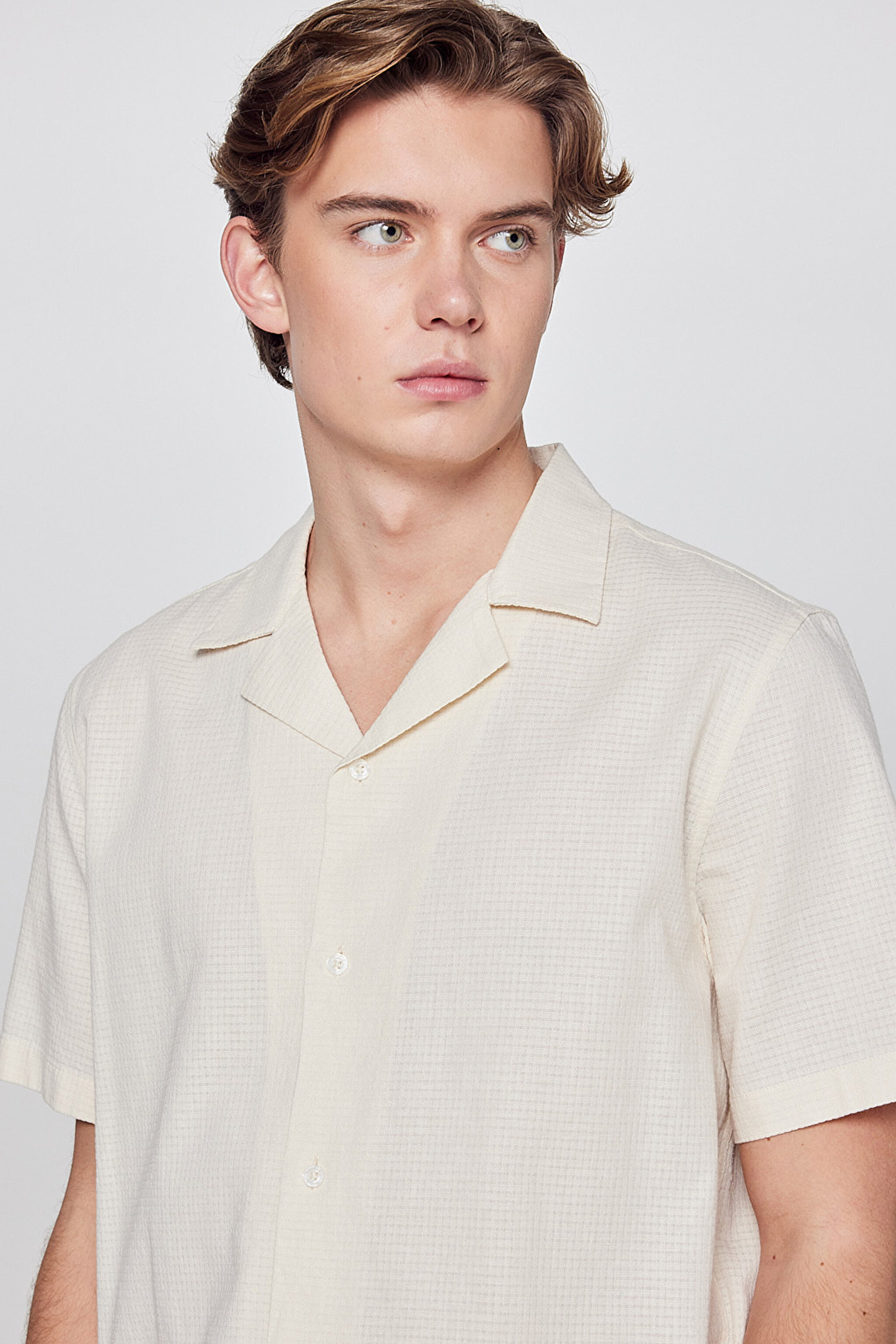 %100 Pamuk Relaxed Fit Rahat Kesim Kısa Kollu Gömlek - Beige-L2610155614 (görsel 4)