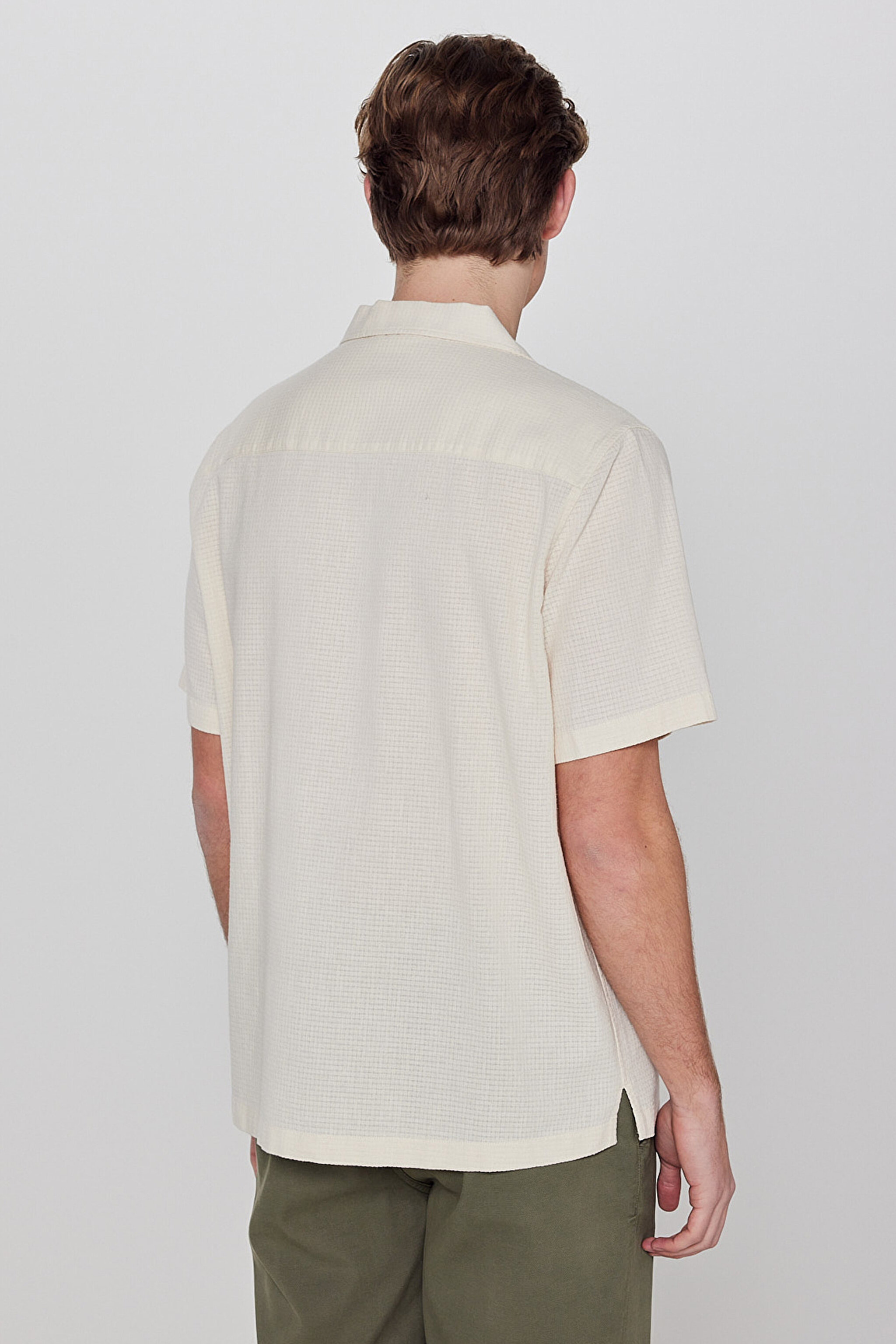 %100 Pamuk Relaxed Fit Rahat Kesim Kısa Kollu Gömlek - Beige-L2610155614 (görsel 5)