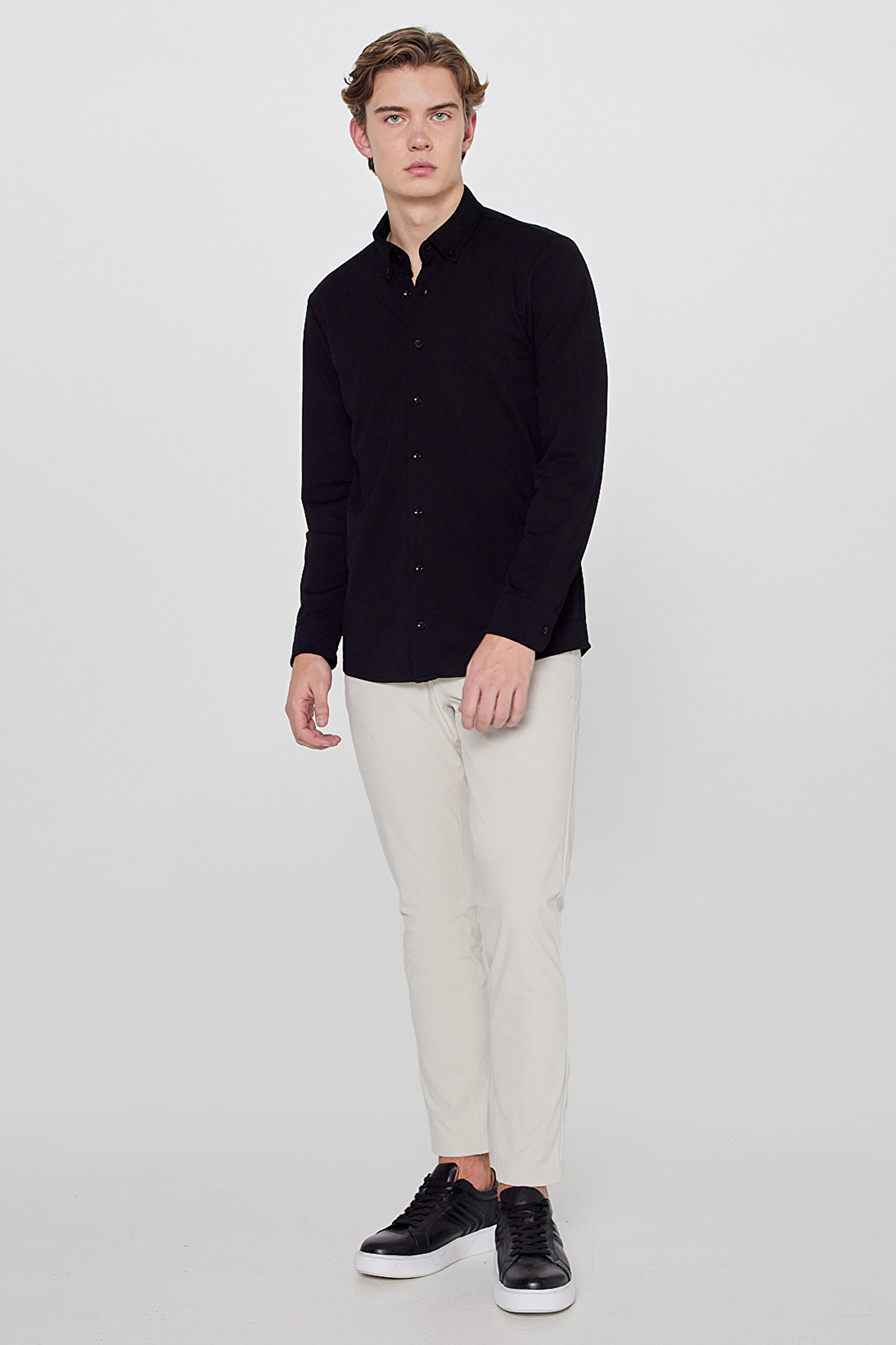Pamuklu Slim Fit Dar Kesim Klasik Yaka Örme Gömlek - Black-L2610157001 (görsel 3)