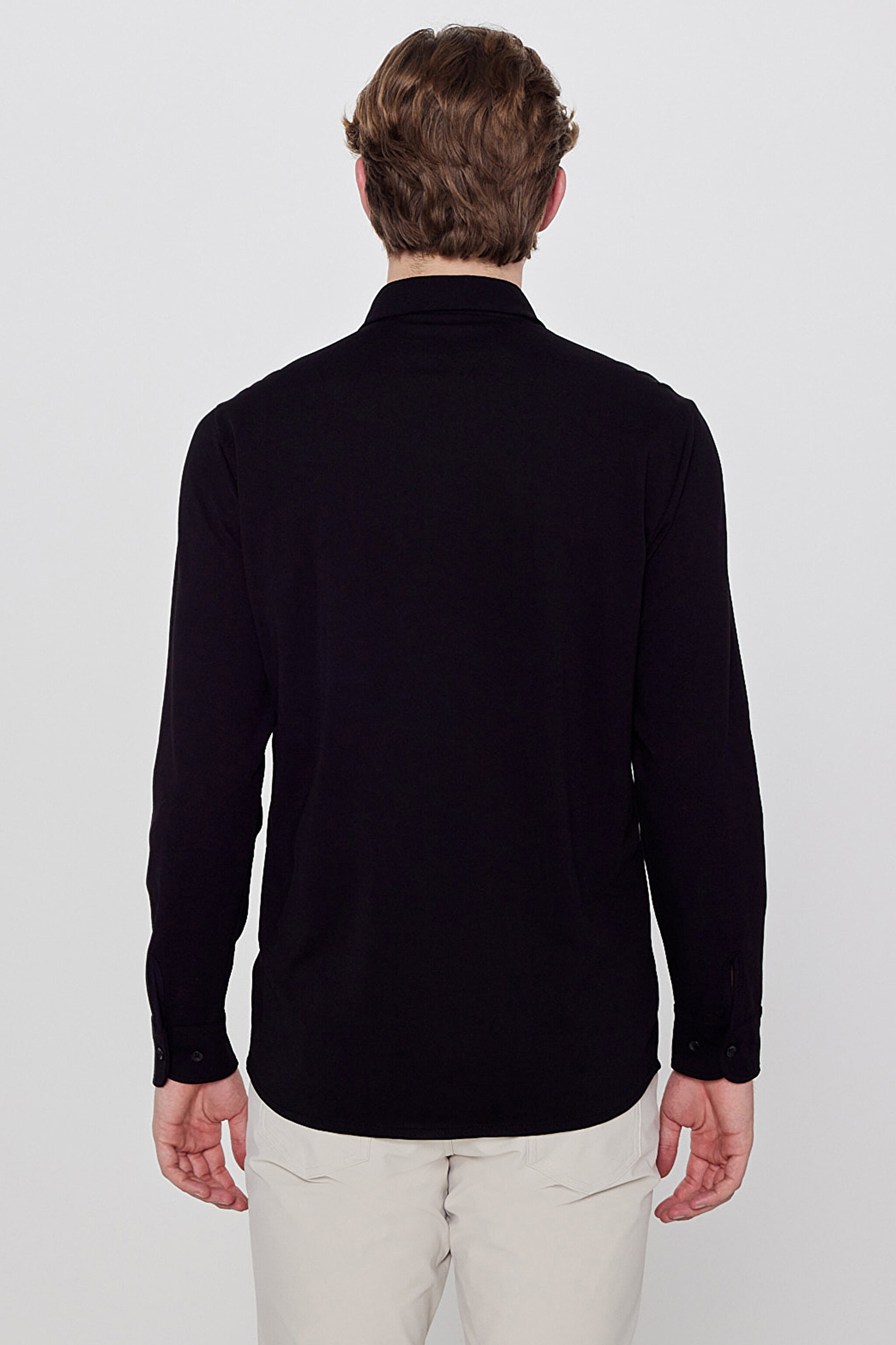 Pamuklu Slim Fit Dar Kesim Klasik Yaka Örme Gömlek - Black-L2610157001 (görsel 5)