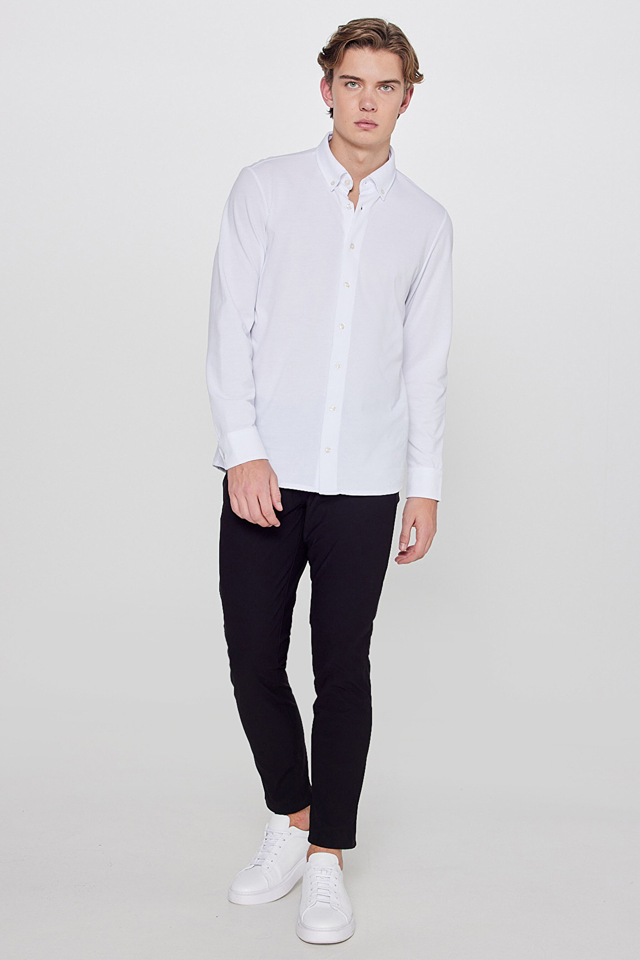 Pamuklu Slim Fit Dar Kesim Klasik Yaka Örme Gömlek - White-L2610157100 (görsel 3)