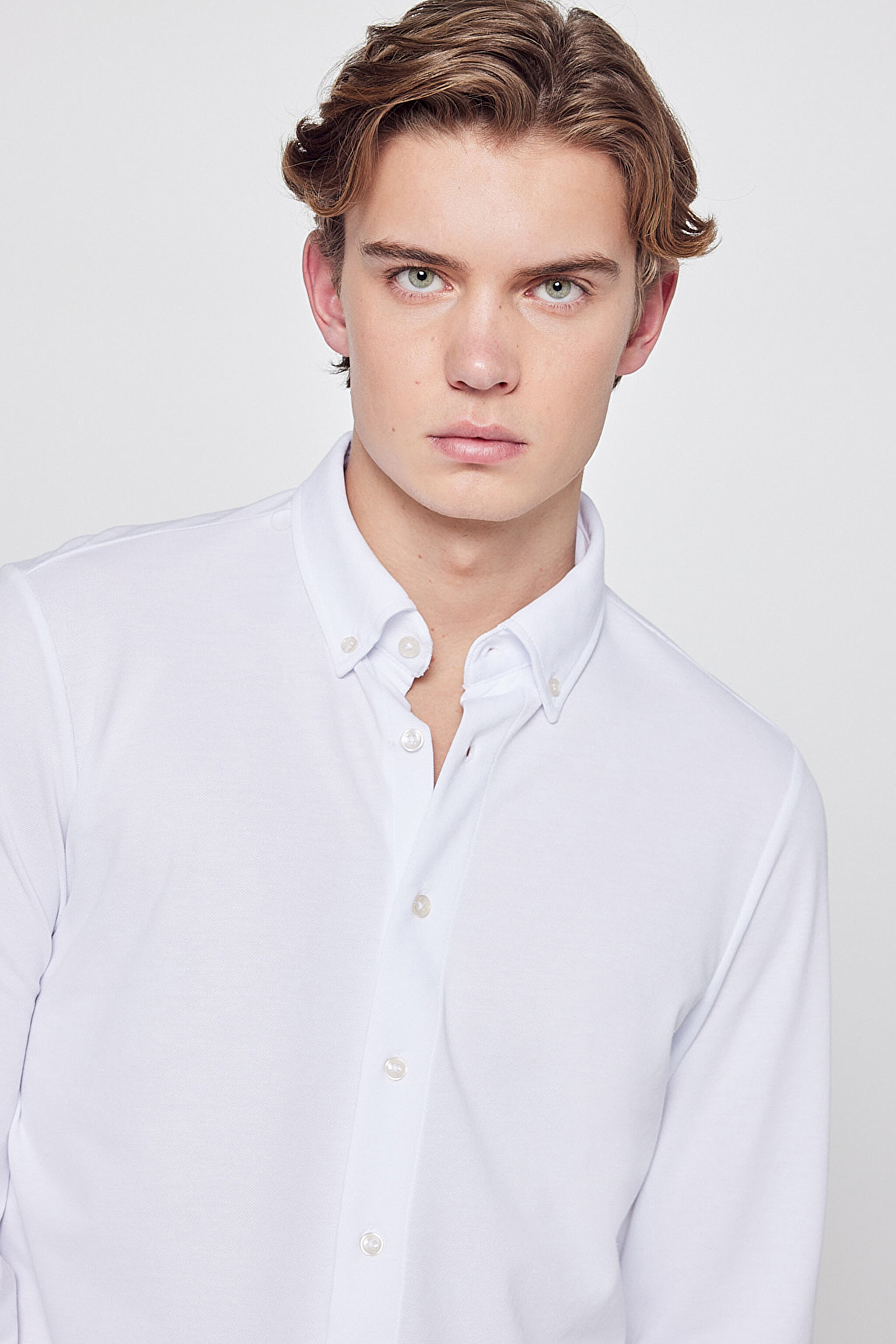 Pamuklu Slim Fit Dar Kesim Klasik Yaka Örme Gömlek - White-L2610157100 (görsel 4)