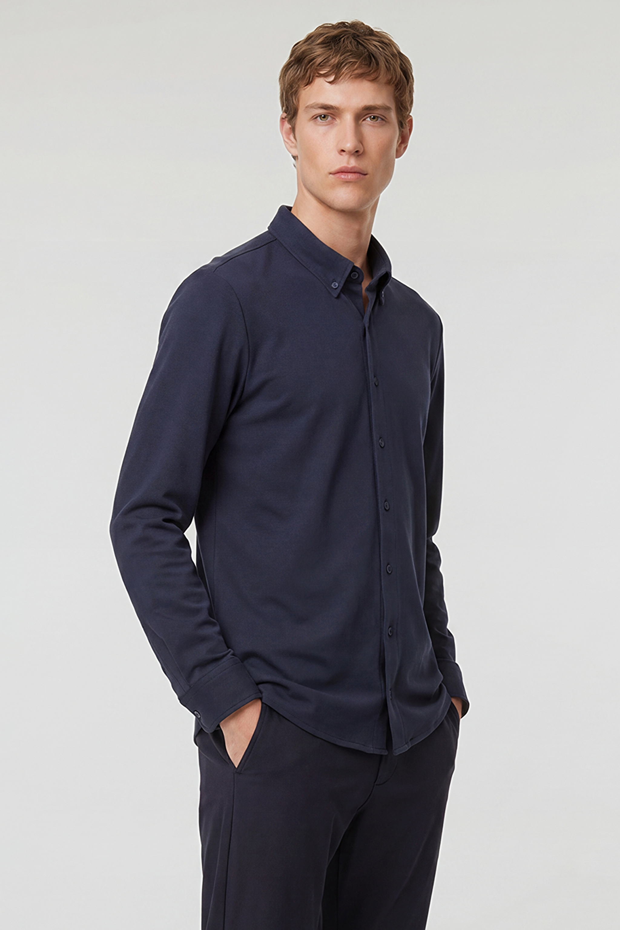 Pamuklu Slim Fit Dar Kesim Örme Gömlek - Navy-L2610157410