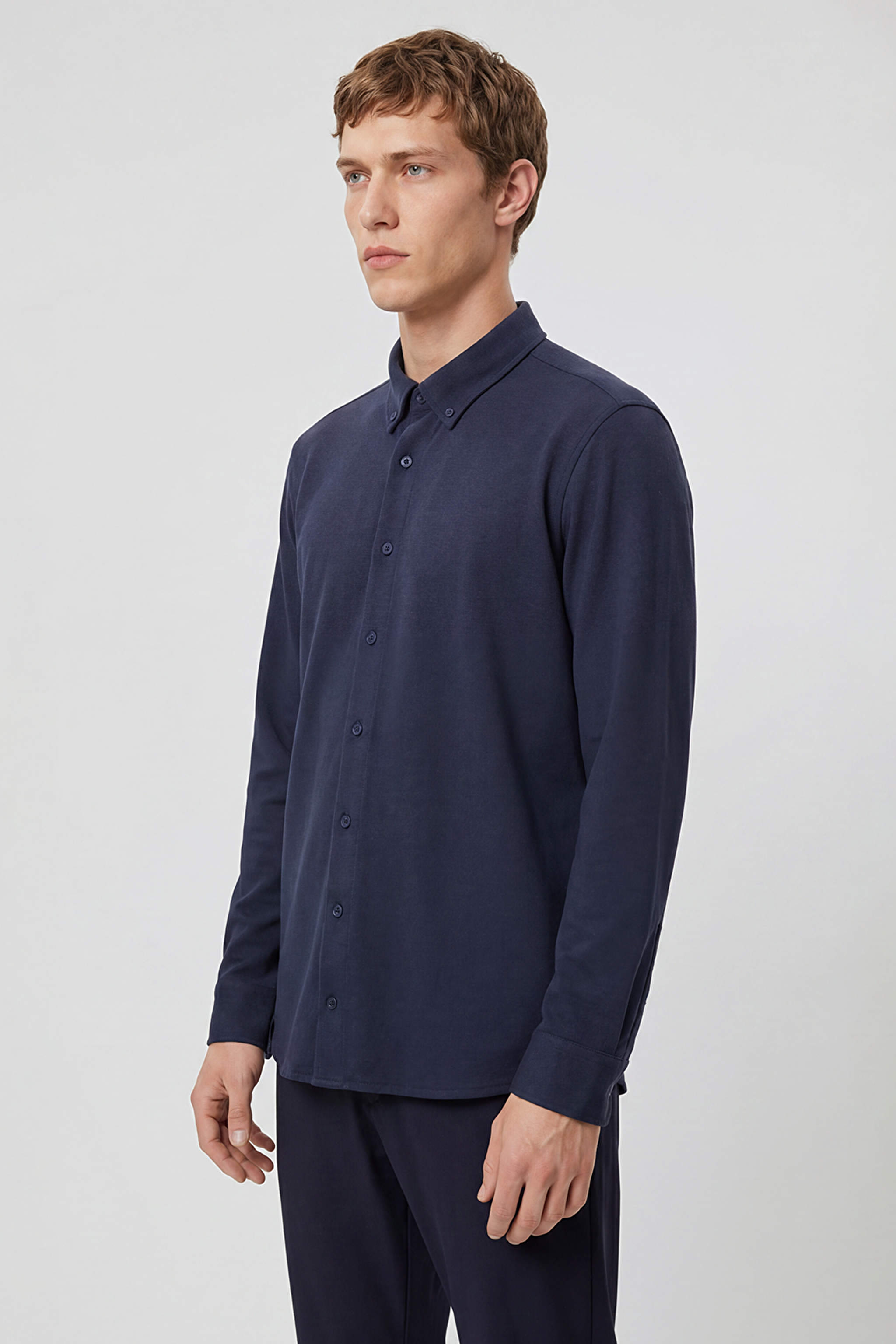 Pamuklu Slim Fit Dar Kesim Örme Gömlek - Navy-L2610157410 (görsel 3)