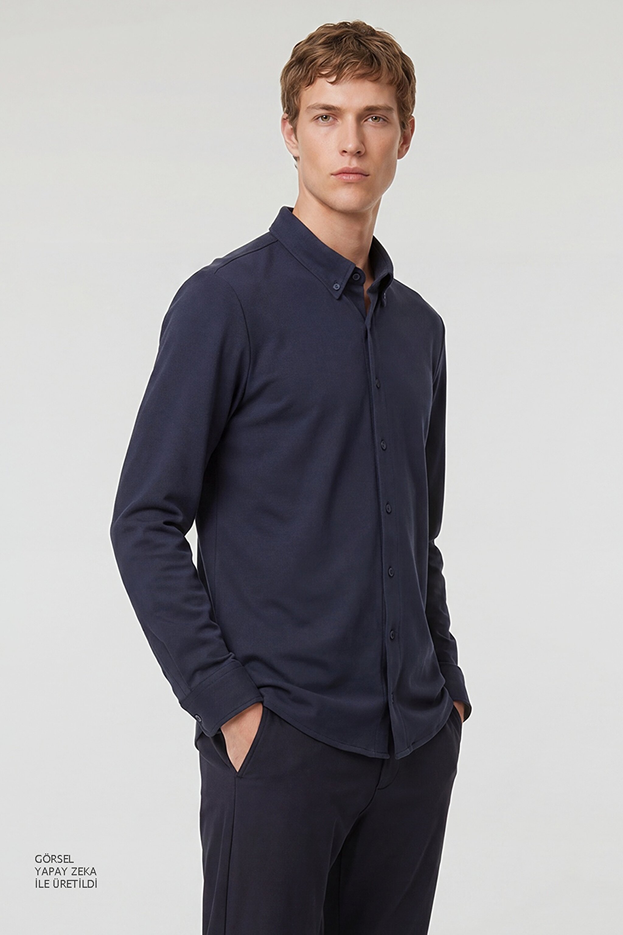 Pamuklu Slim Fit Dar Kesim Örme Gömlek - Navy-L2610157410