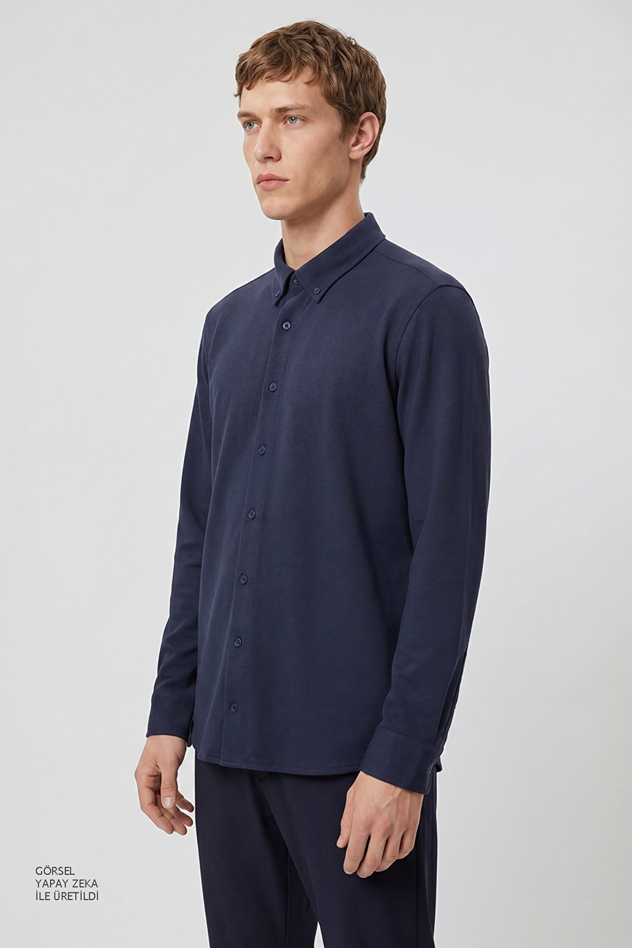 Pamuklu Slim Fit Dar Kesim Örme Gömlek - Navy-L2610157410 (görsel 2)