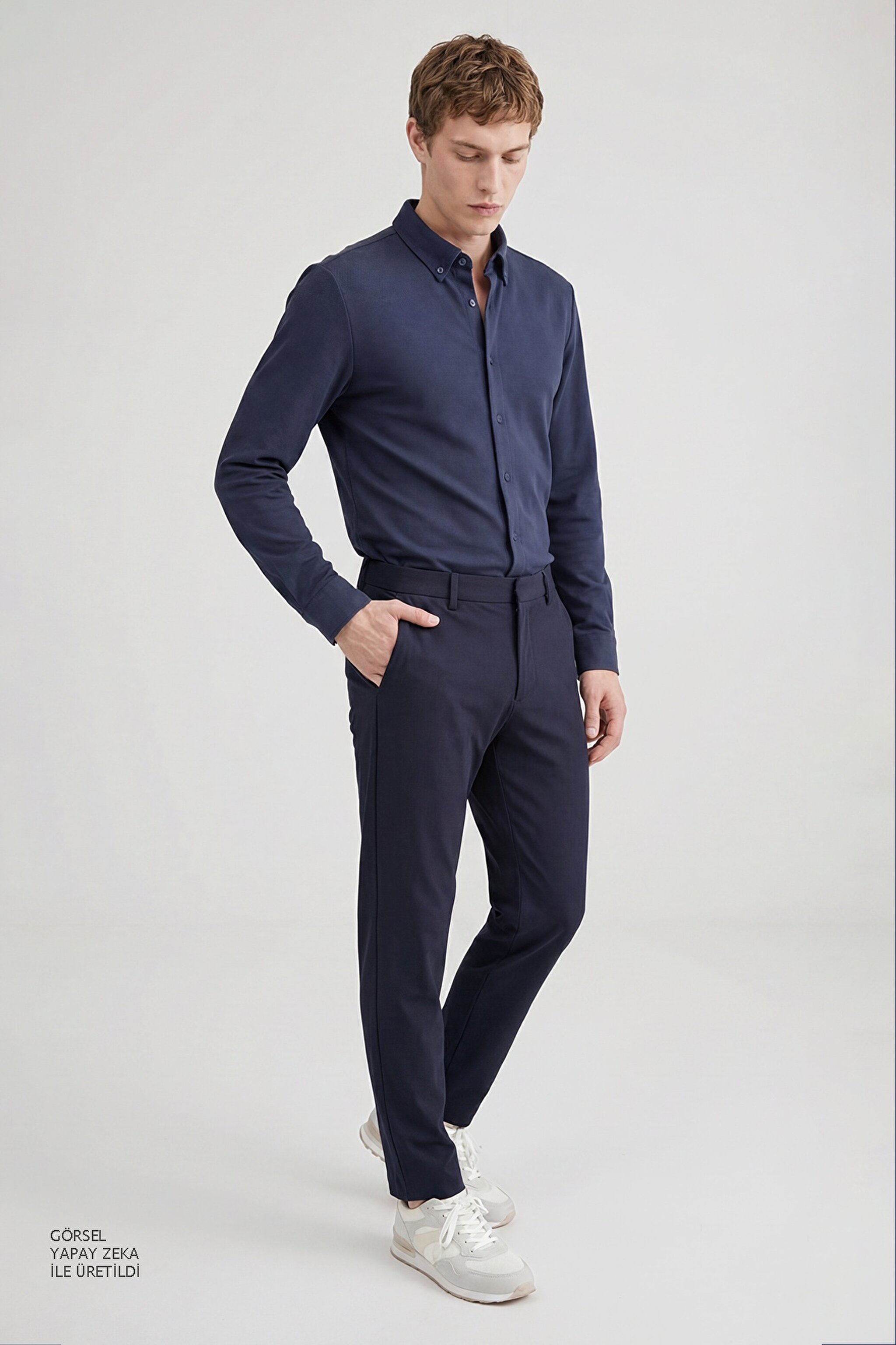 Pamuklu Slim Fit Dar Kesim Örme Gömlek - Navy-L2610157410 (görsel 3)