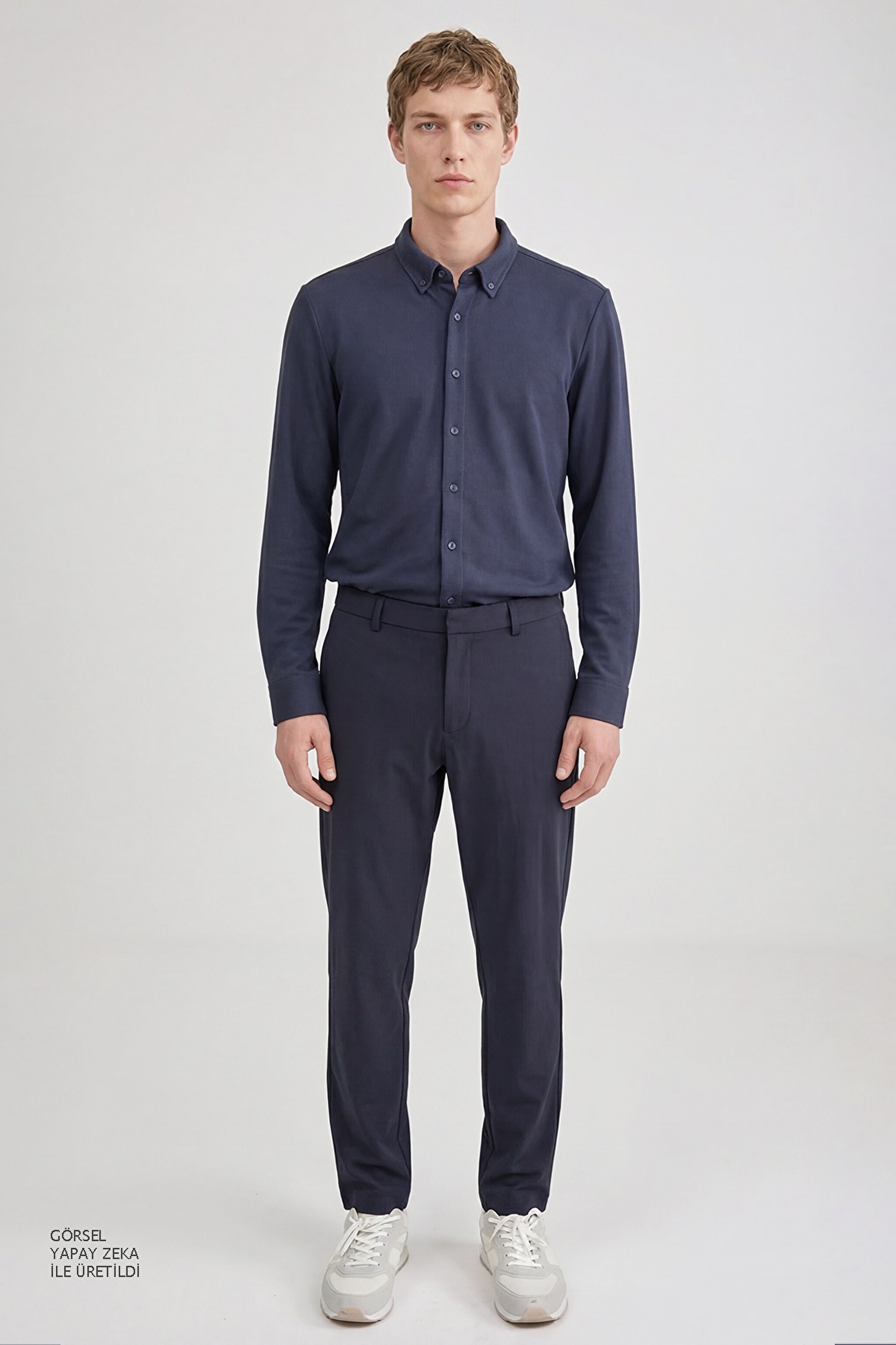 Pamuklu Slim Fit Dar Kesim Örme Gömlek - Navy-L2610157410 (görsel 4)