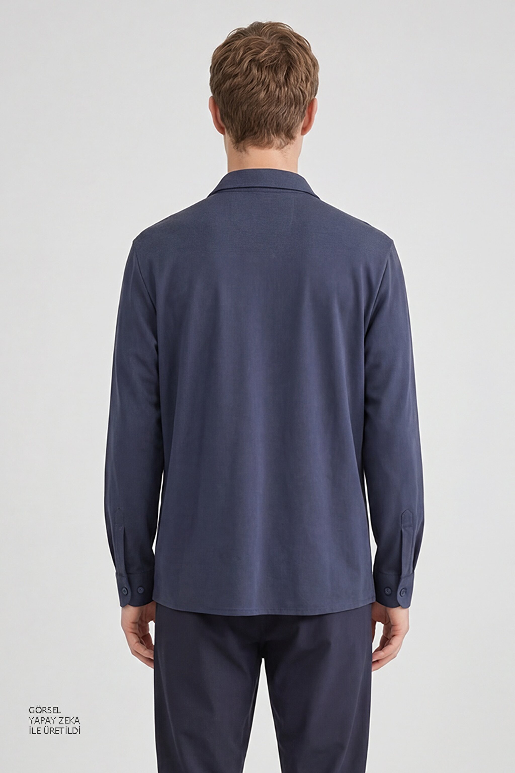 Pamuklu Slim Fit Dar Kesim Örme Gömlek - Navy-L2610157410 (görsel 5)