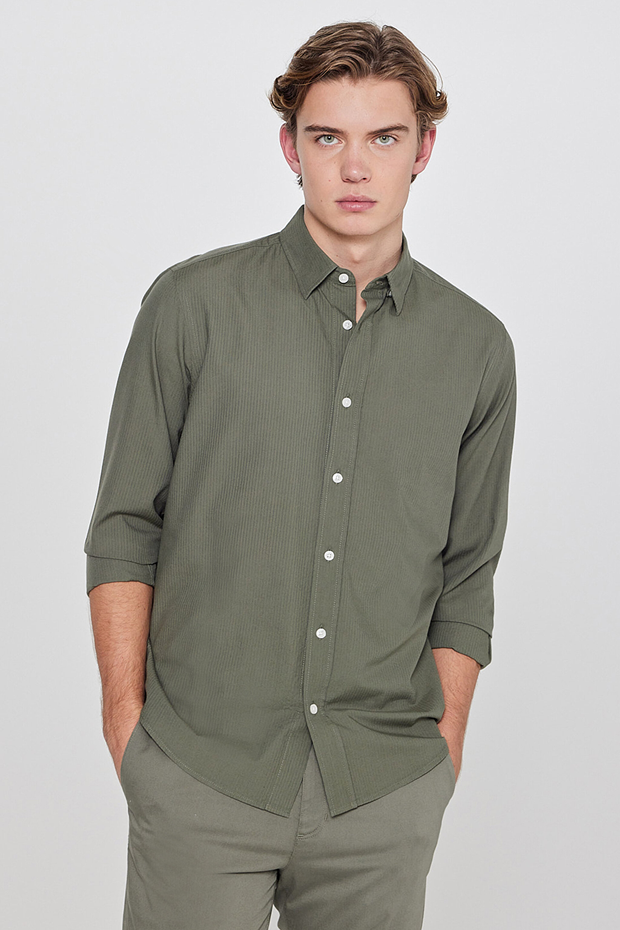 Pamuklu Yumuşak Dokulu Regular Fit Normal Kesim Çizgili Gömlek - Khaki-L2610158801
