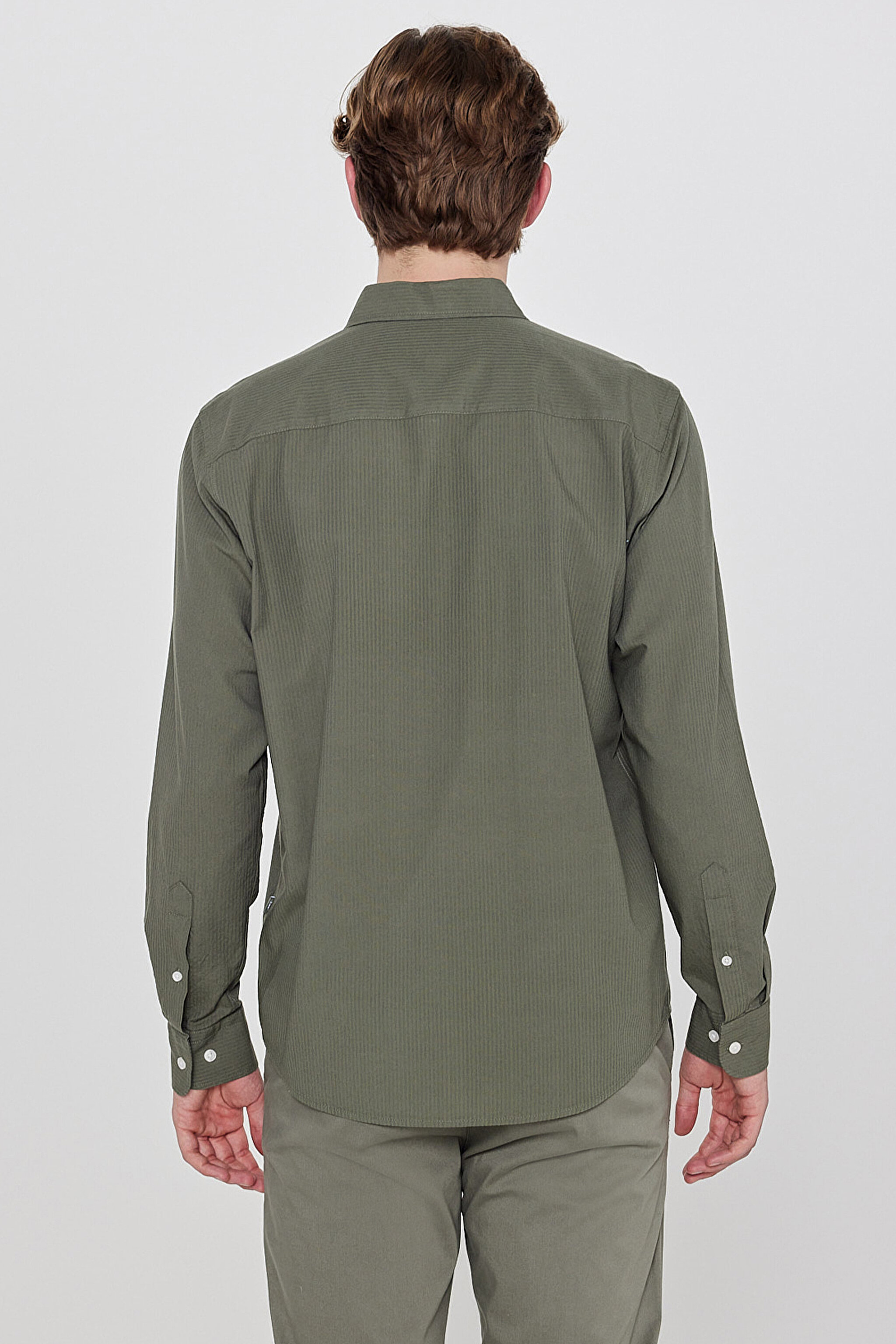 Pamuklu Yumuşak Dokulu Regular Fit Normal Kesim Çizgili Gömlek - Khaki-L2610158801 (görsel 5)