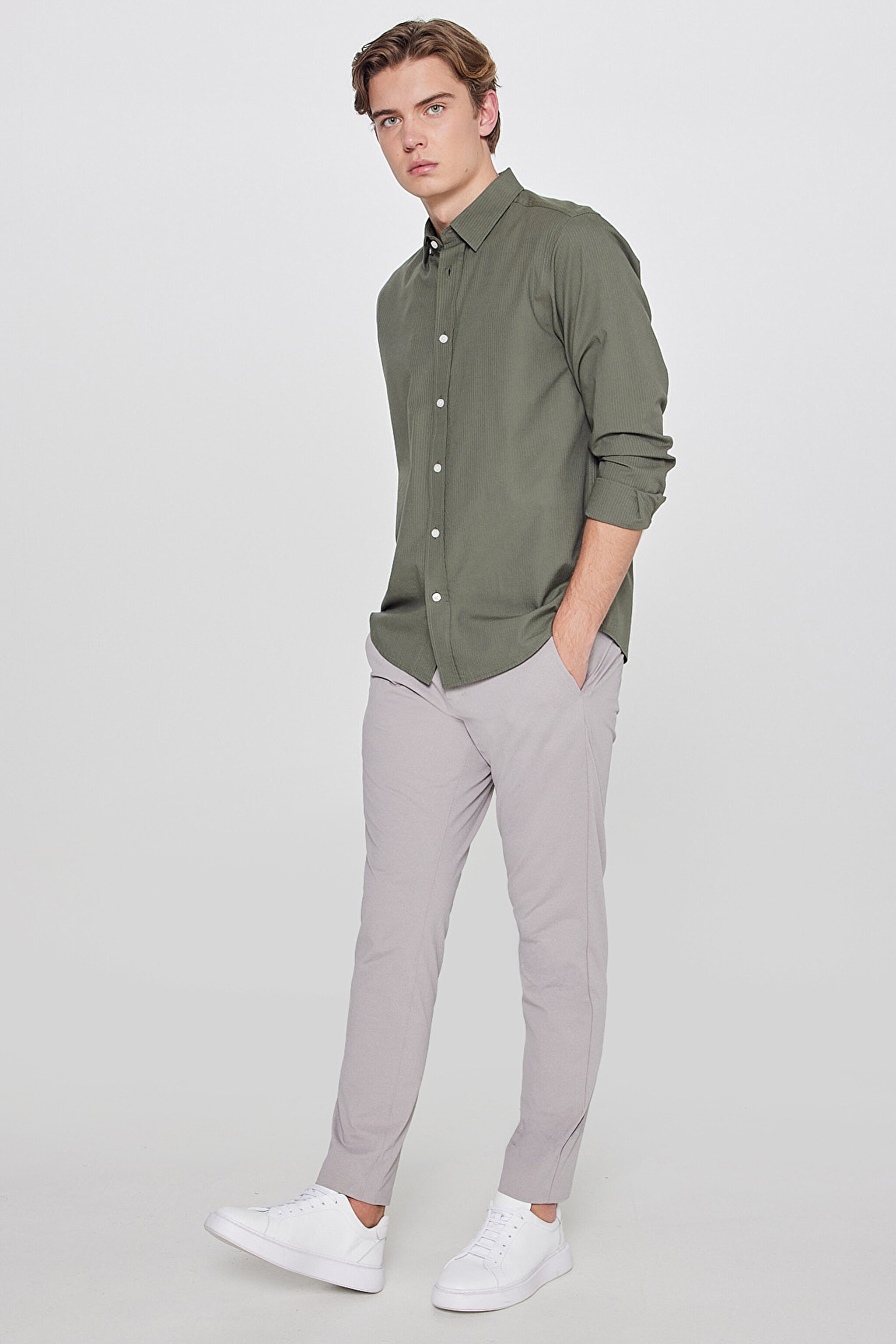 Slim Fit Dar Kesim Normal Bel Cepli Esnek Chino Pantolon - Beige-L2610164614