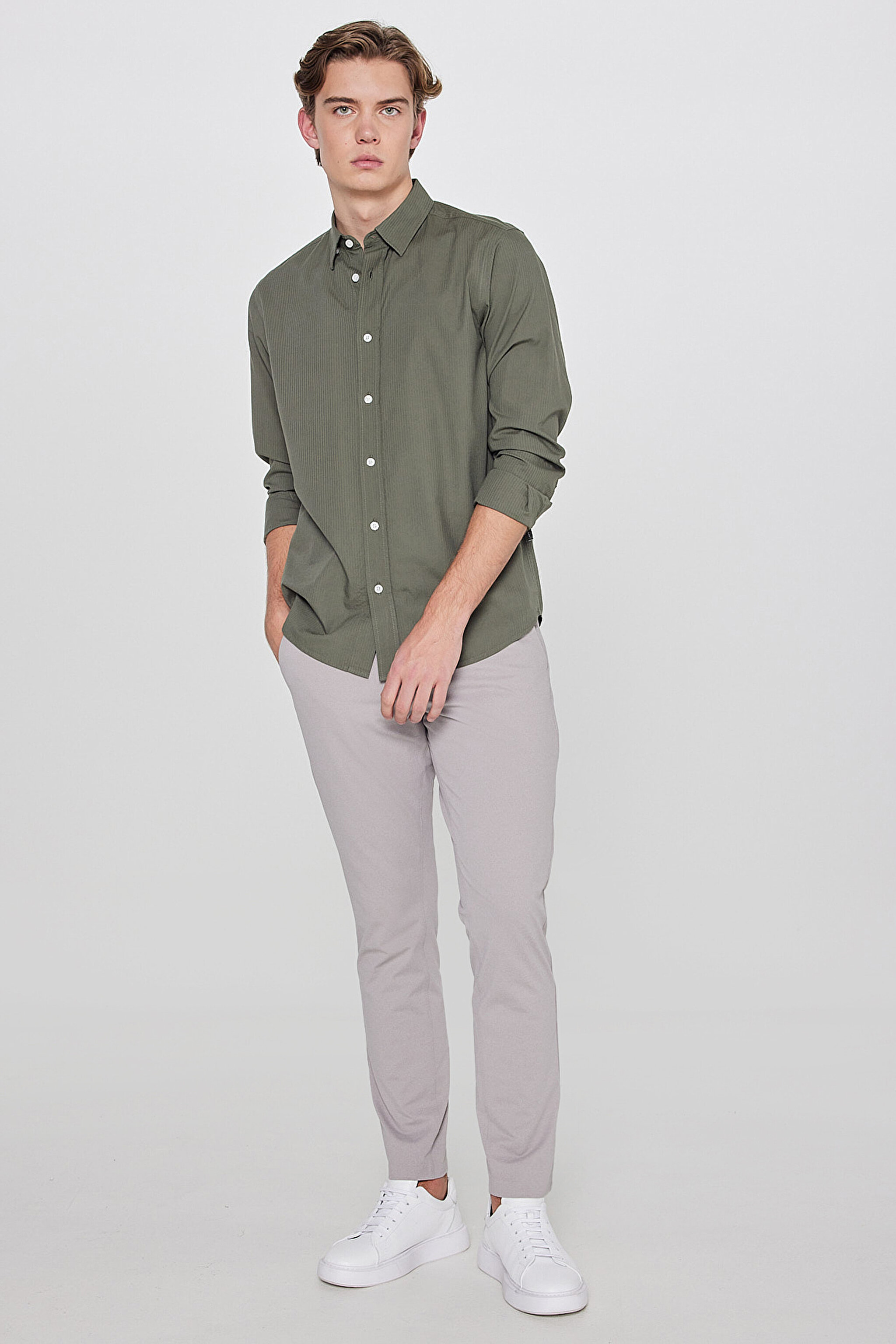 Slim Fit Dar Kesim Normal Bel Cepli Esnek Chino Pantolon - Beige-L2610164614 (görsel 2)