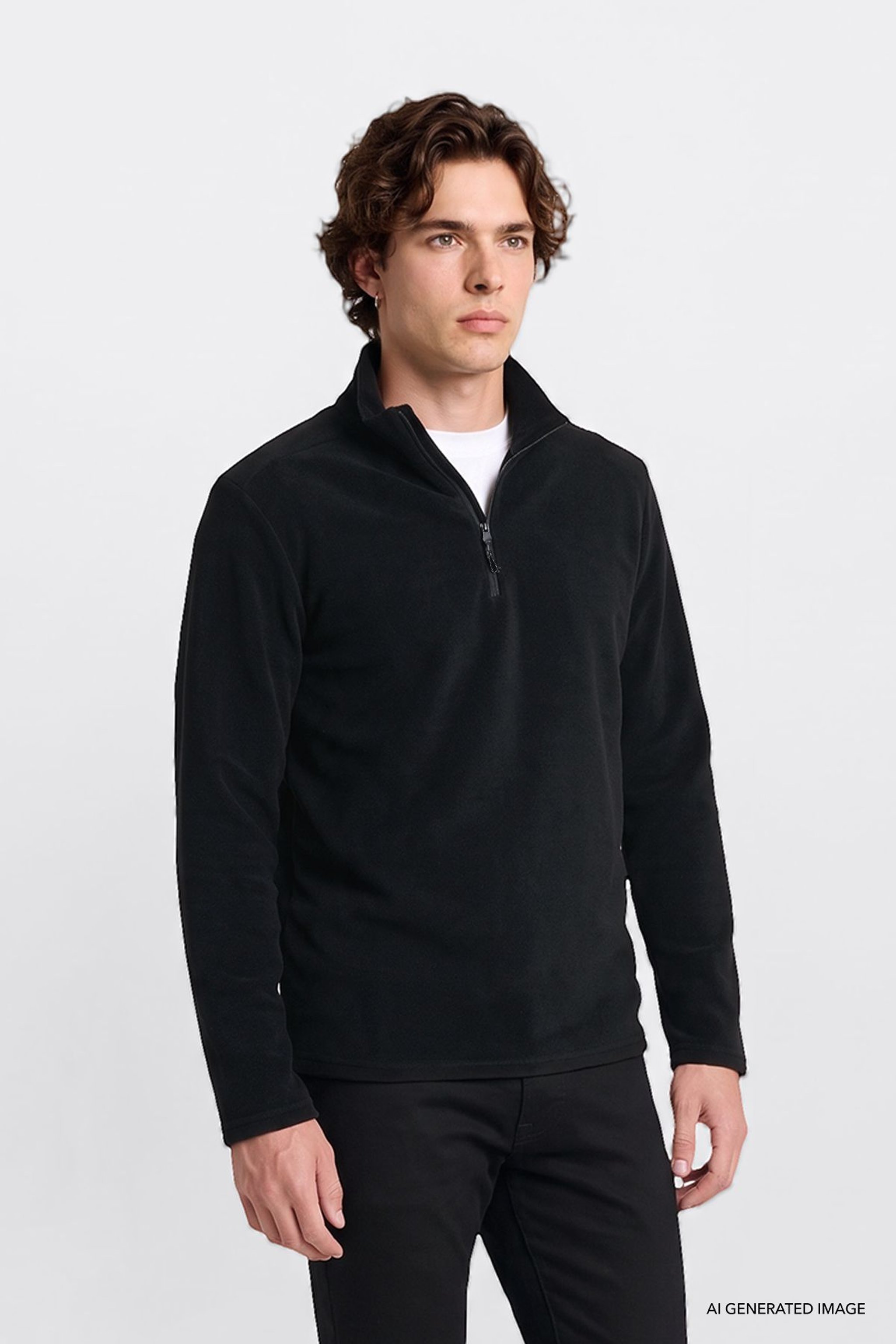 Regular Fit Normal Kesim Yarım Fermuarlı Dik Yaka Gömlek - Black-L2620001001