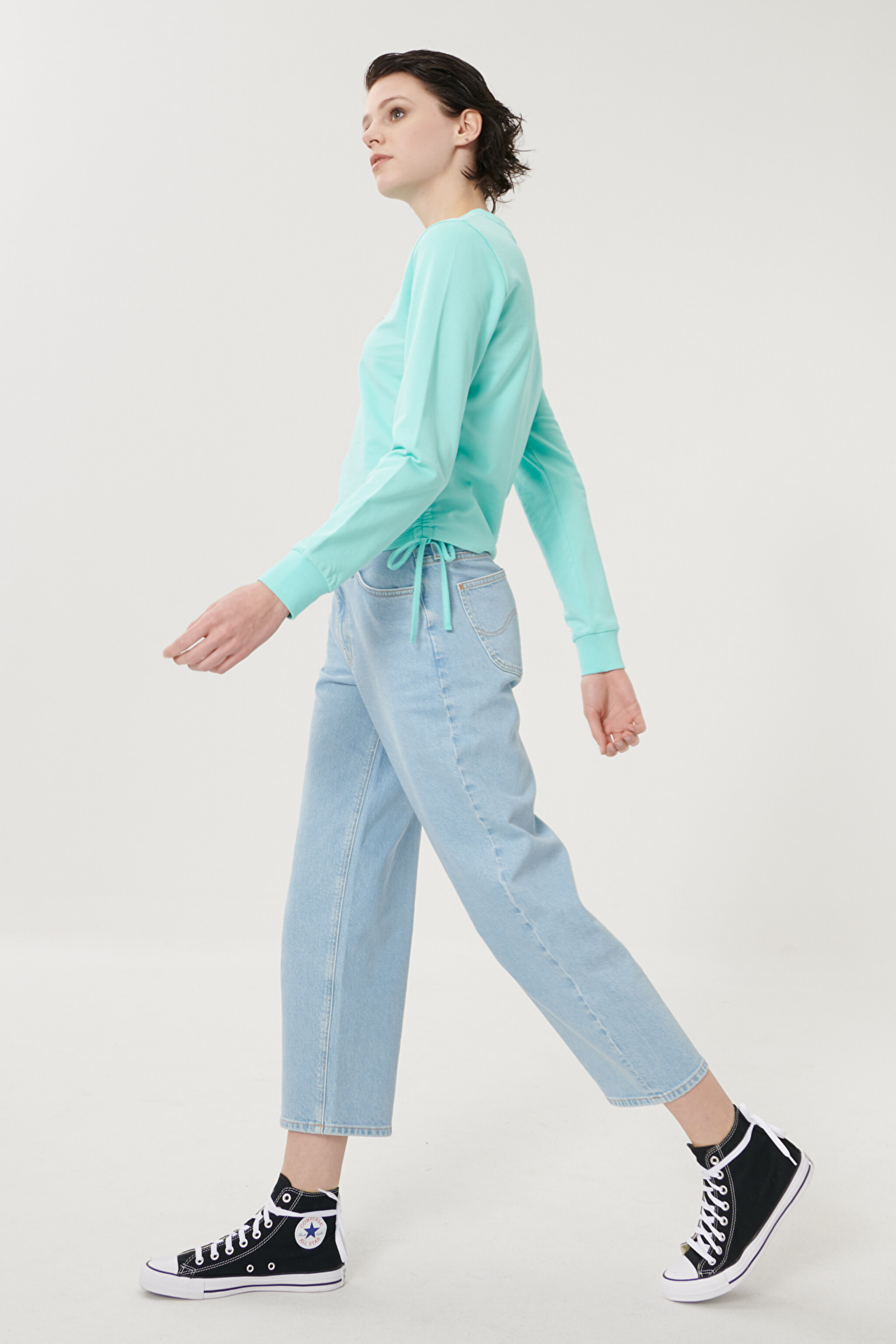 Wide Leg Fit Yüksek Bel Crop Paça Esnek Jean Kot Pantolon - Light Blue-L30SMWJU