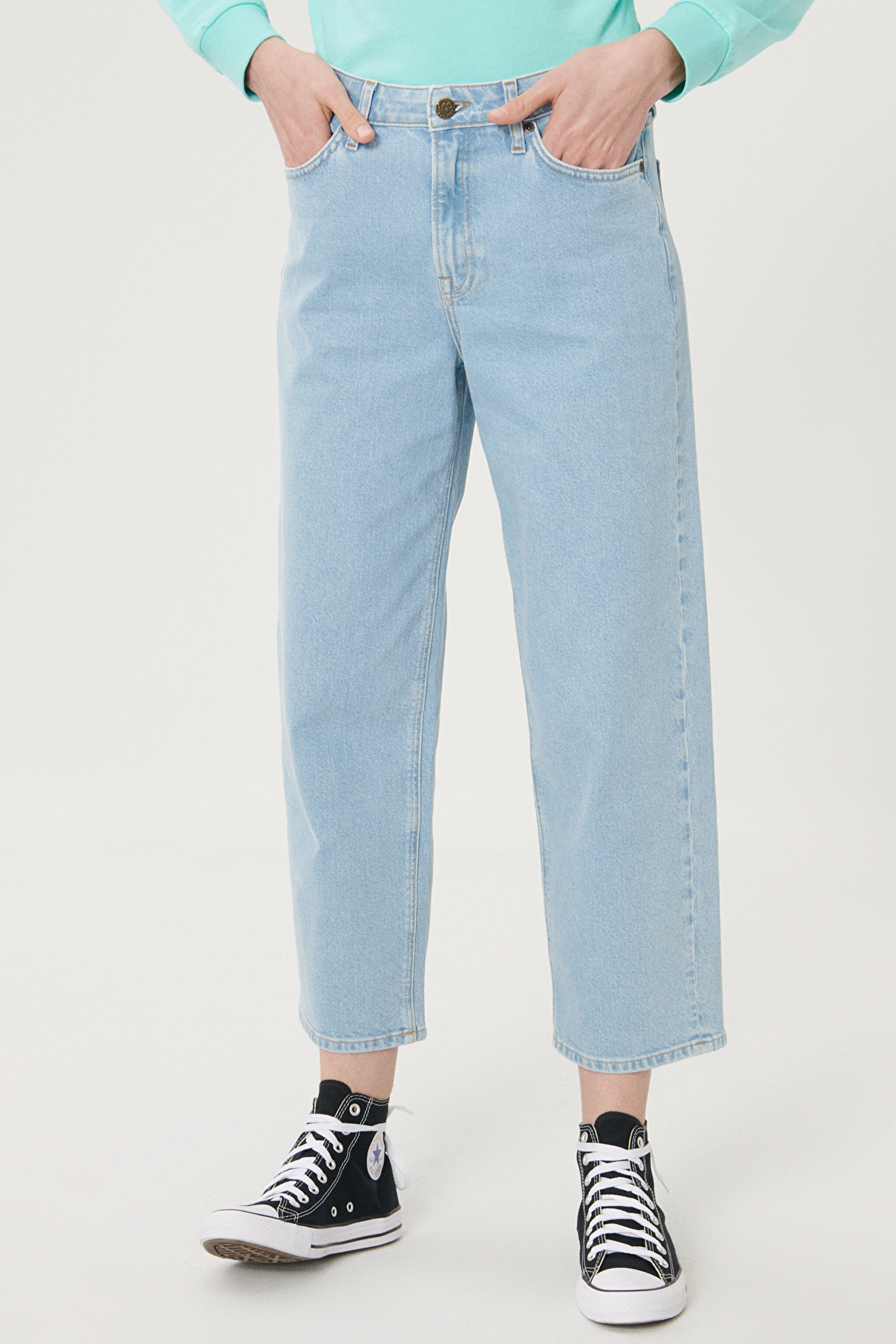 Wide Leg Fit Yüksek Bel Crop Paça Esnek Jean Kot Pantolon - Light Blue-L30SMWJU (görsel 4)