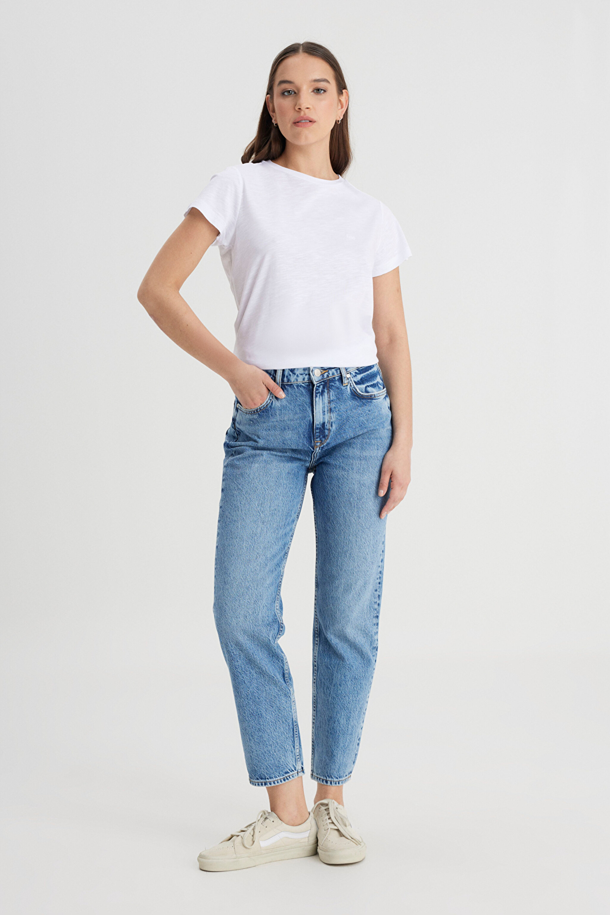 Regular Fit Normal Kesim Yüksek Bel Düz Paça %100 Pamuk Carol Mavi Jean Kot Pantolon