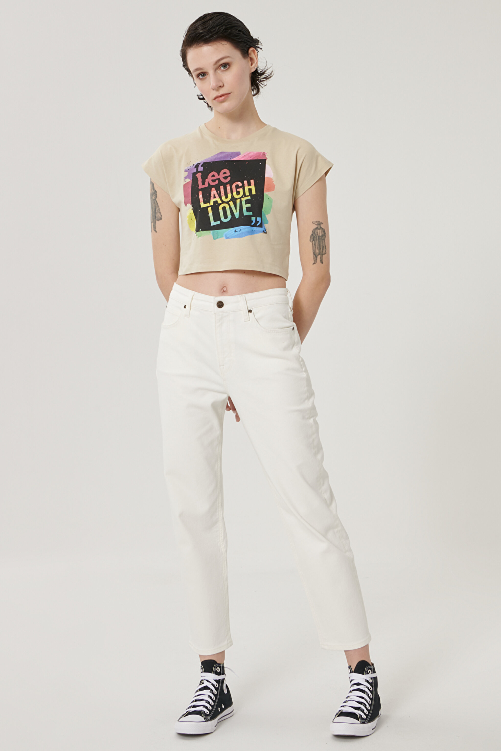 Carol Straight Fit Yüksek Bel Crop Paça Ekru Esnek Jean Kot Pantolon