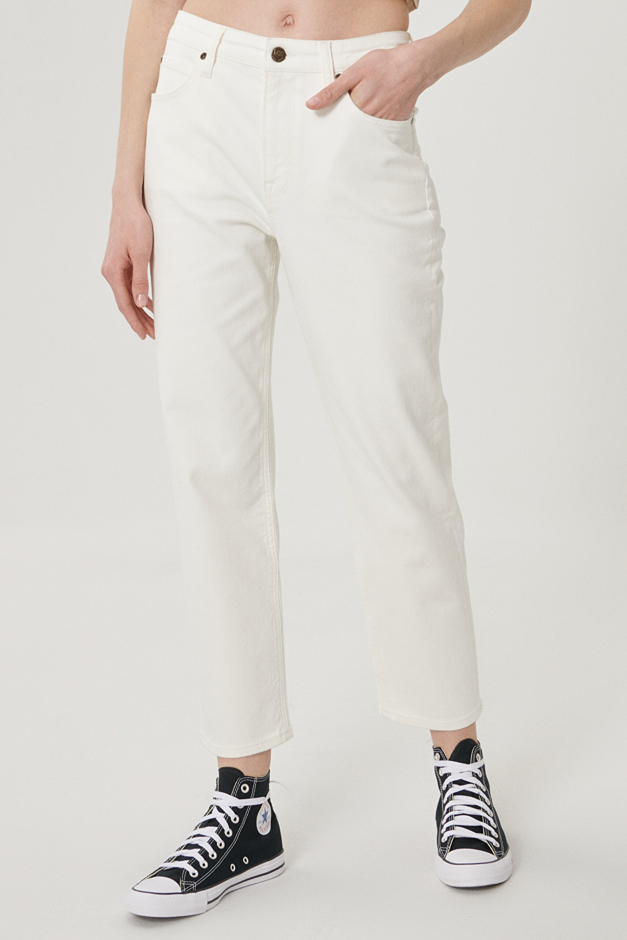 Carol Straight Fit Yüksek Bel Crop Paça Ekru Esnek Jean Kot Pantolon - Ecru-L30UQHYJ (görsel 3)