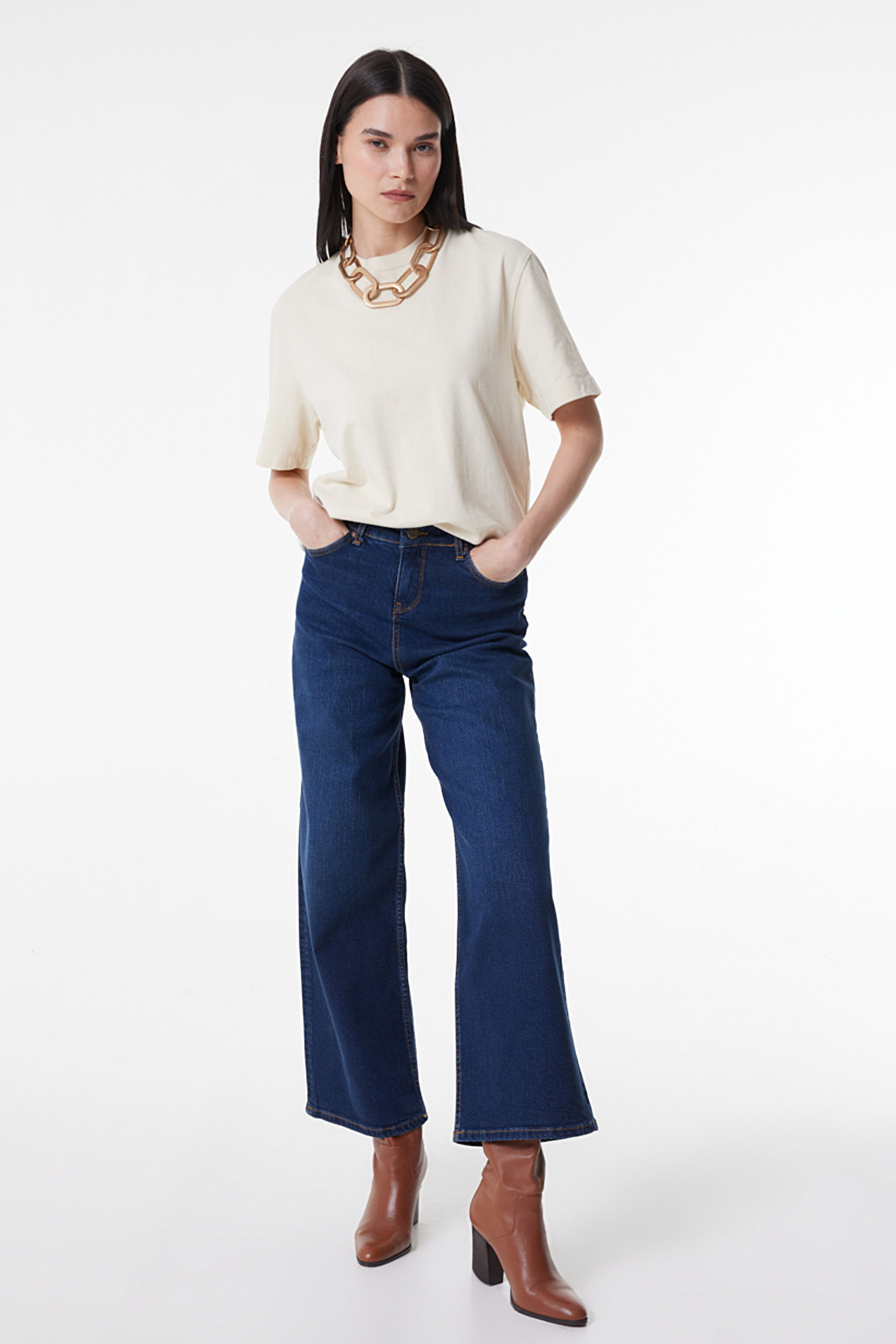 Regular Fit Normal Kesim Yüksek Bel Koyu Mavi Esnek Stella A Line Jean Denim Kot Pantolon