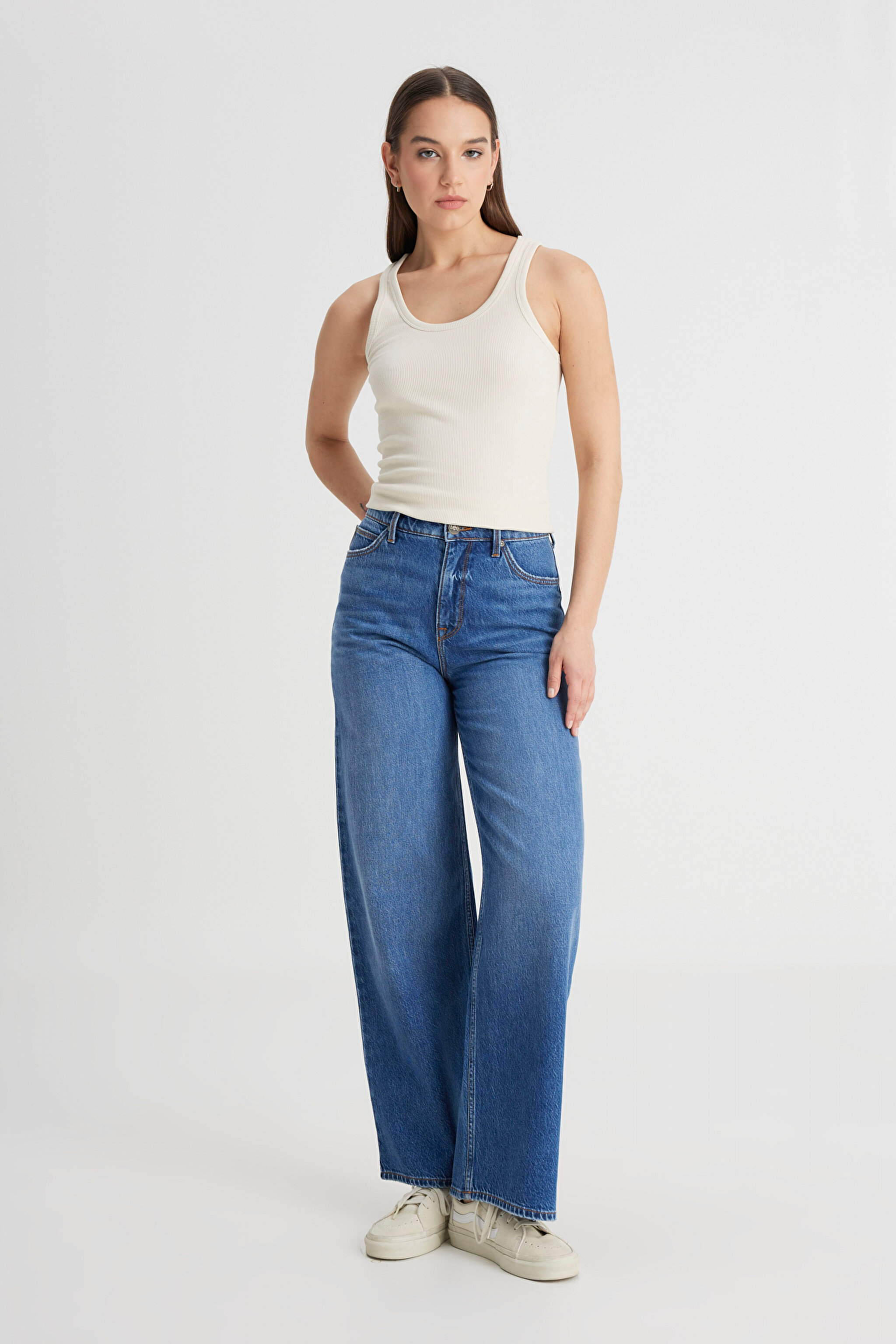 Regular Fit Normal Kesim Yüksek Bel İspanyol Paça %100 Pamuk Stella A Line Mavi Jean Kot Pantolon