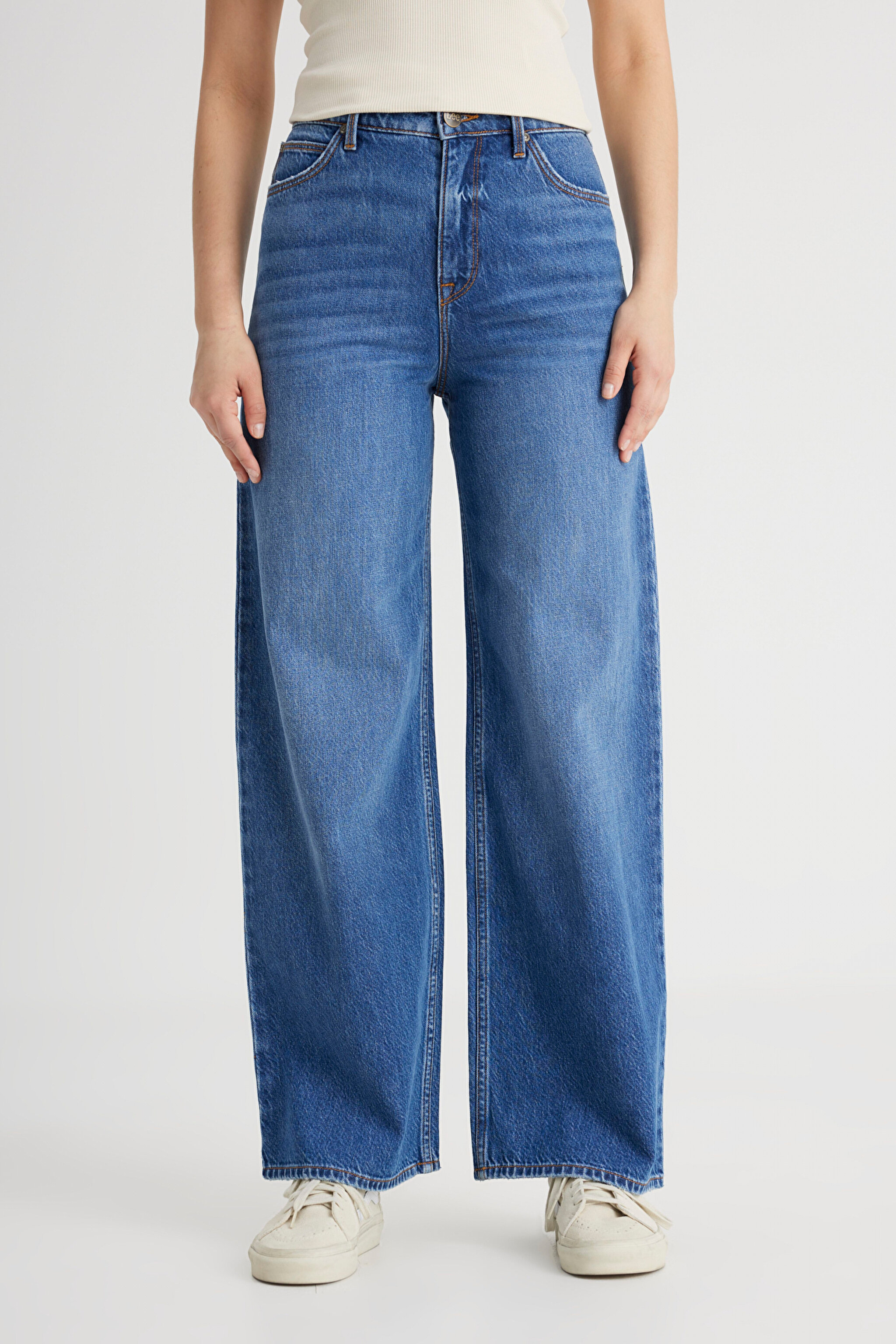 Regular Fit Normal Kesim Yüksek Bel İspanyol Paça %100 Pamuk Stella A Line Mavi Jean Kot Pantolon - Mid Blue-L31S011XT (görsel 5)