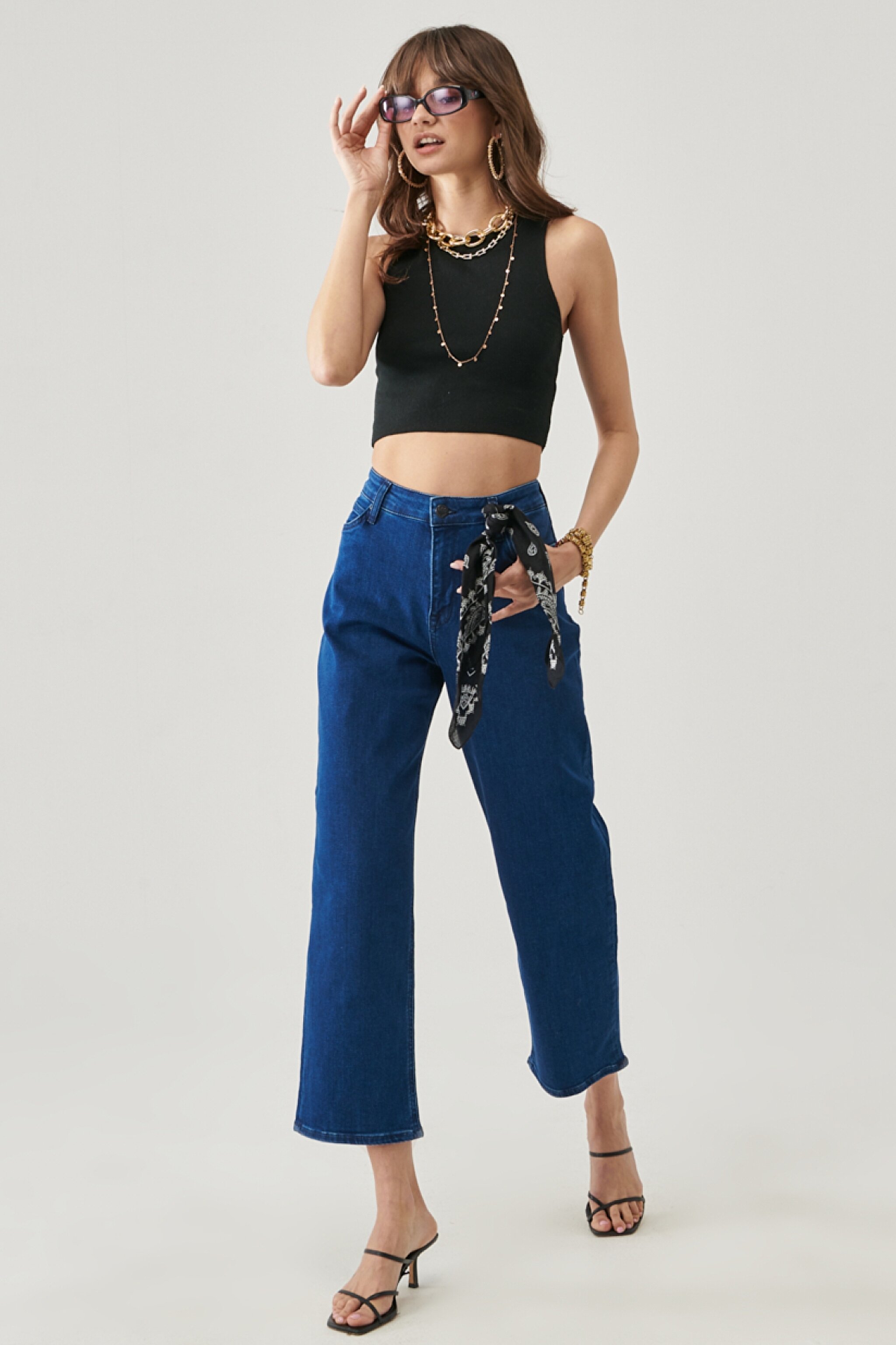Wide Leg Fit Yüksek Bel Geniş Paça Esnek Jean Kot Pantolon - Dark Tanja-L31ZPDUE