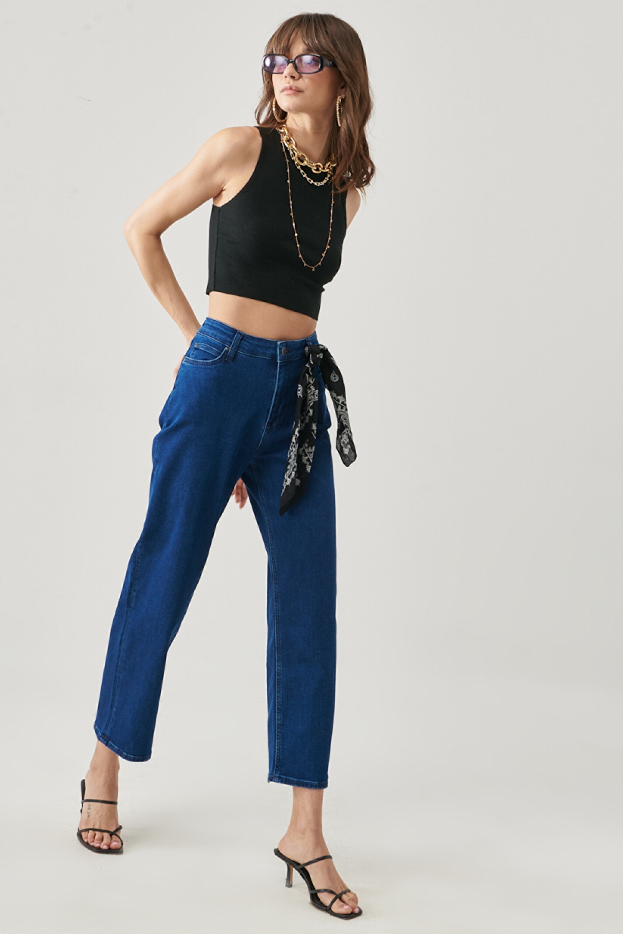 Wide Leg Fit Yüksek Bel Geniş Paça Esnek Jean Kot Pantolon - Dark Tanja-L31ZPDUE (görsel 4)