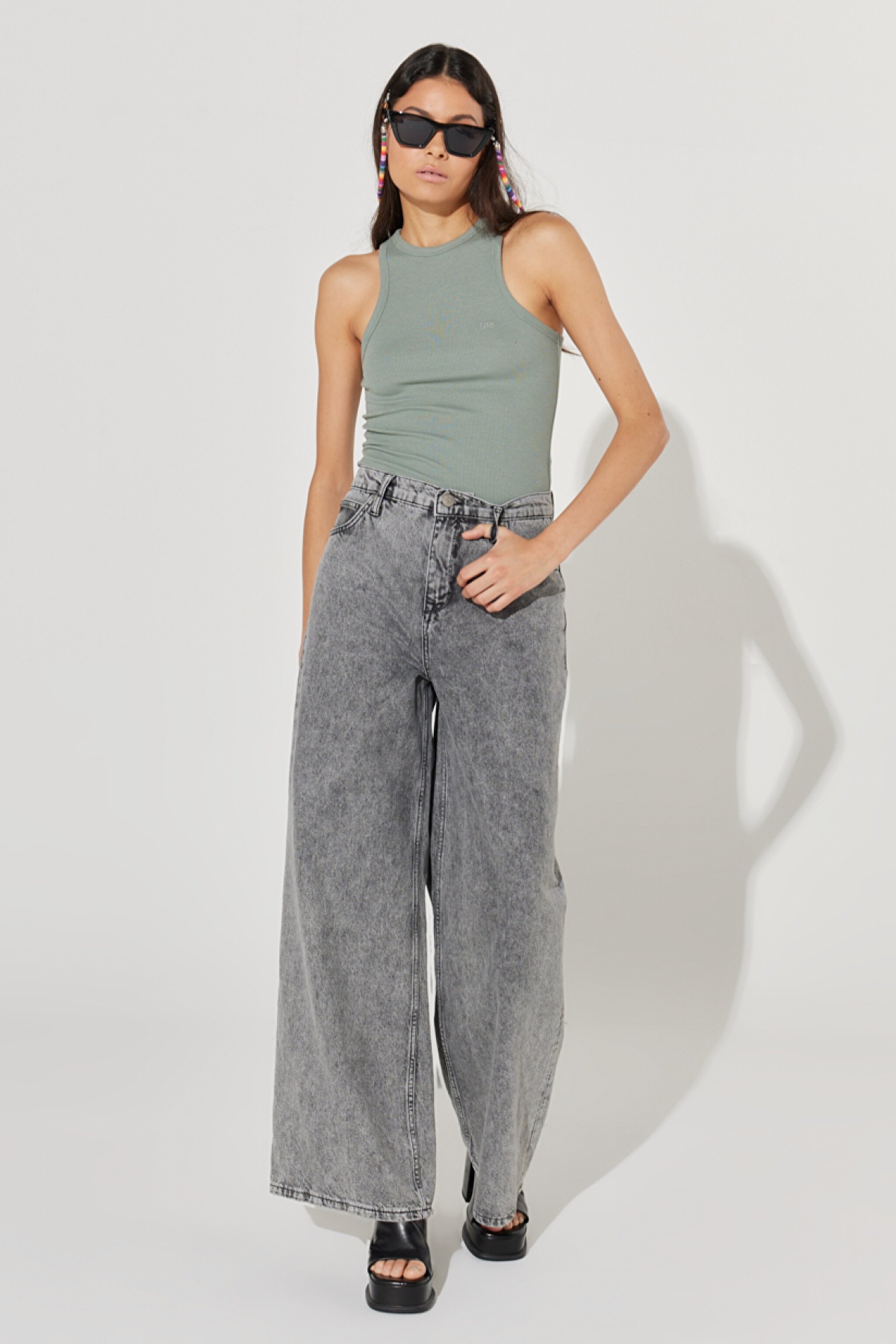 Drew Fit Çok Yüksek Bel Geniş Paça %100 Pamuk Jean Kot Pantolon - Gray-L32A003035 (görsel 2)