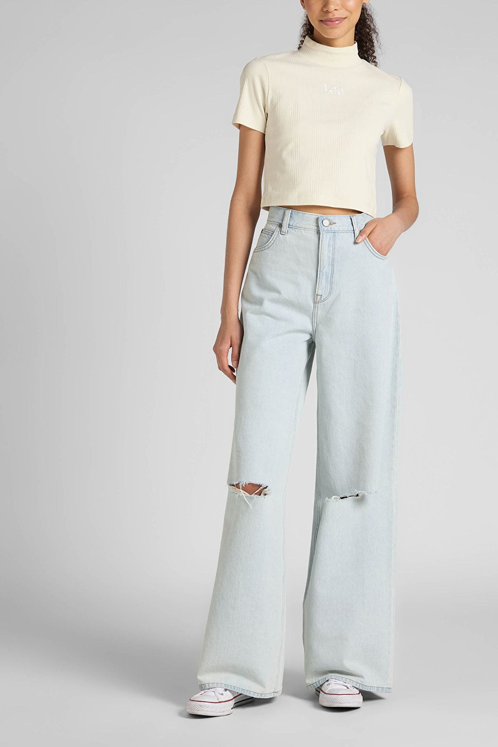 Drew Fit Çok Yüksek Bel Geniş Paça %100 Pamuk Jean Kot Pantolon - Destructed Off Flights-L32AAZOZ (görsel 2)