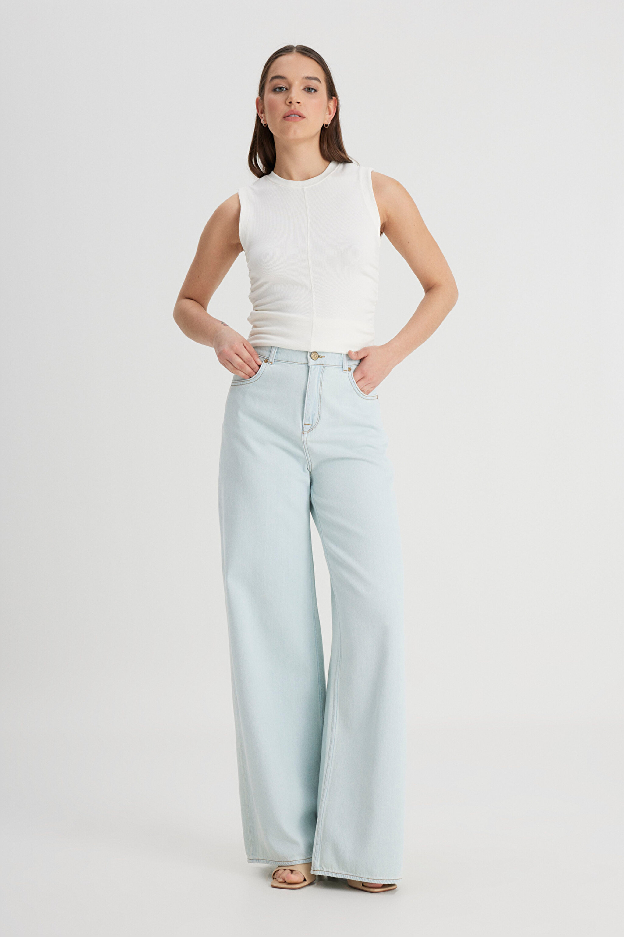 Loose Fit Yüksek Bel Geniş Paça %100 Pamuk Jean Kot Pantolon