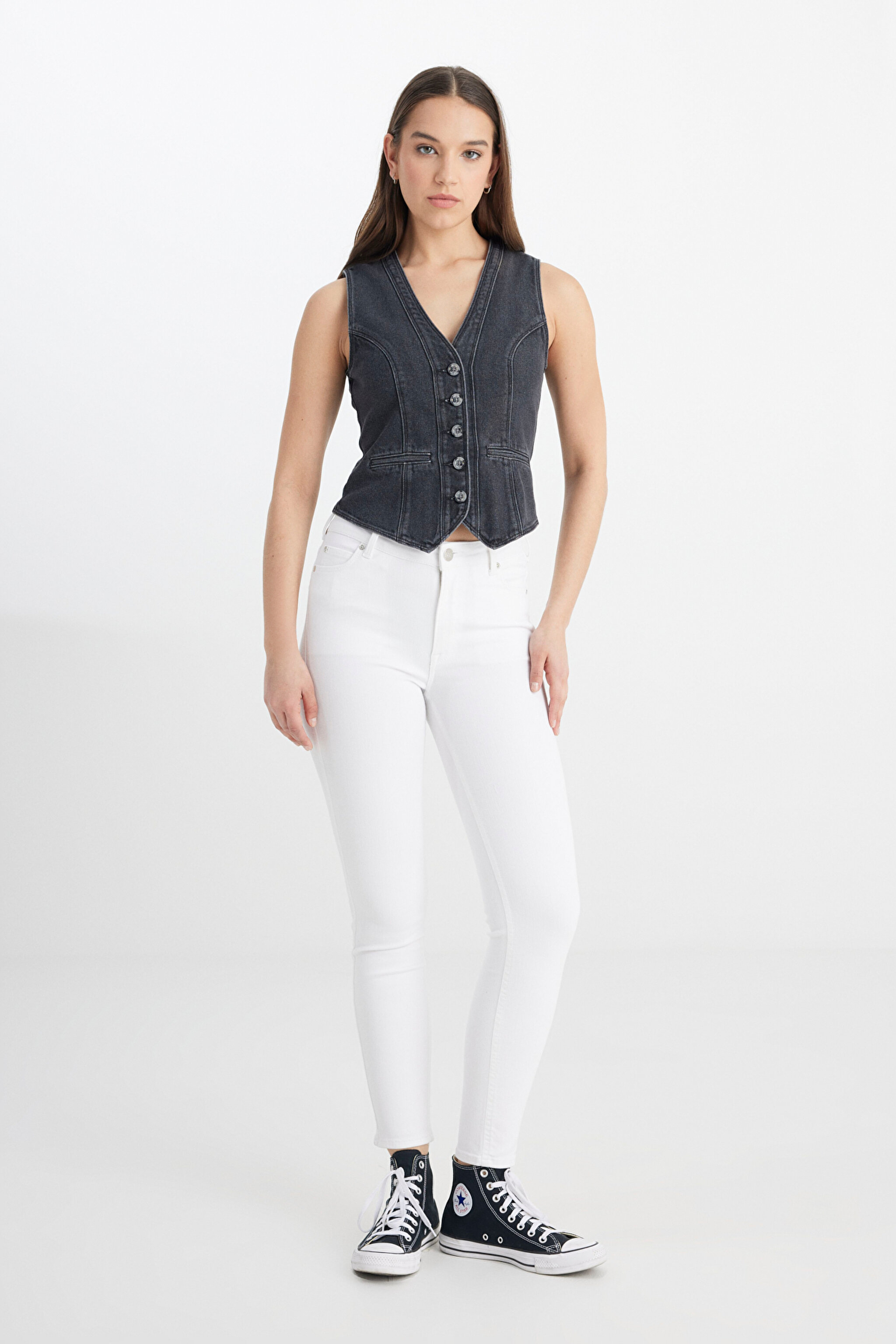 Skinny Fit Dar Kesim Yüksek Bel Çok Dar Paça Forever Fit Kırık Beyaz Jean Kot Pantolon - Bright White-L32S205043F65 (görsel 2)