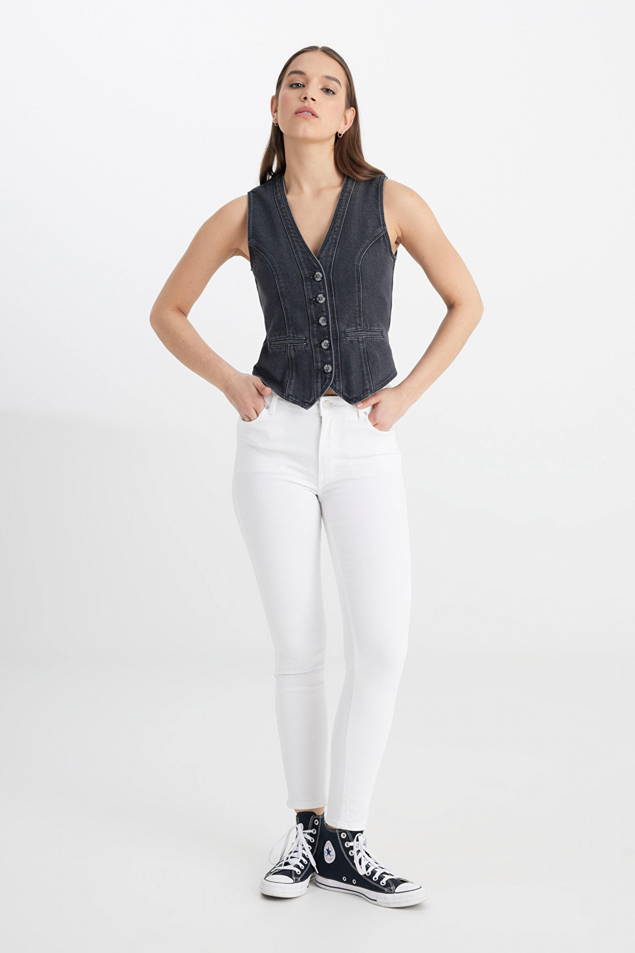 Skinny Fit Dar Kesim Yüksek Bel Çok Dar Paça Forever Fit Kırık Beyaz Jean Kot Pantolon - Bright White-L32S205043F65 (görsel 3)