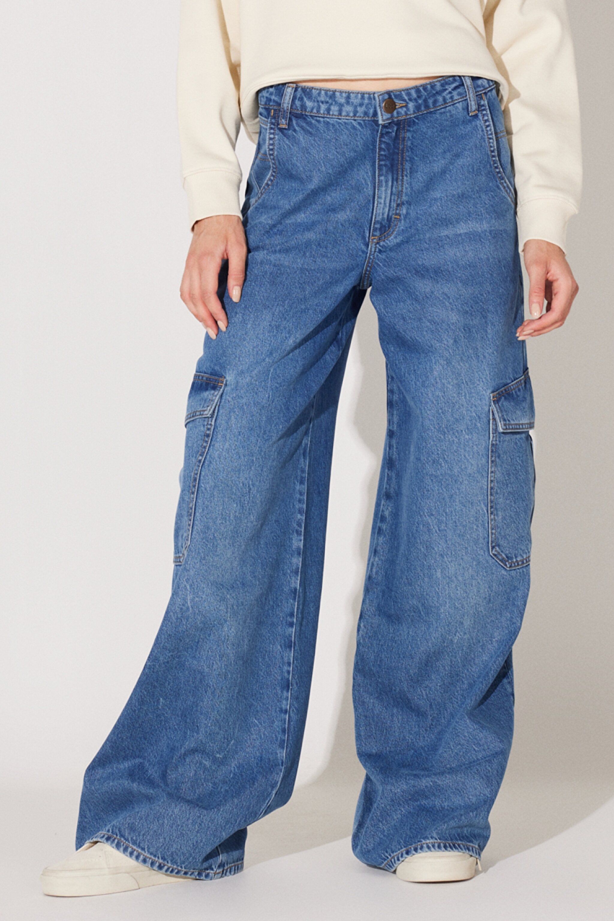 Loose Fit Geniş Kesim Normal Bel Açık Mavi Esnek Cargo Slouch Jean Denim Kot Pantolon - Universal Blue-L34NHLD67