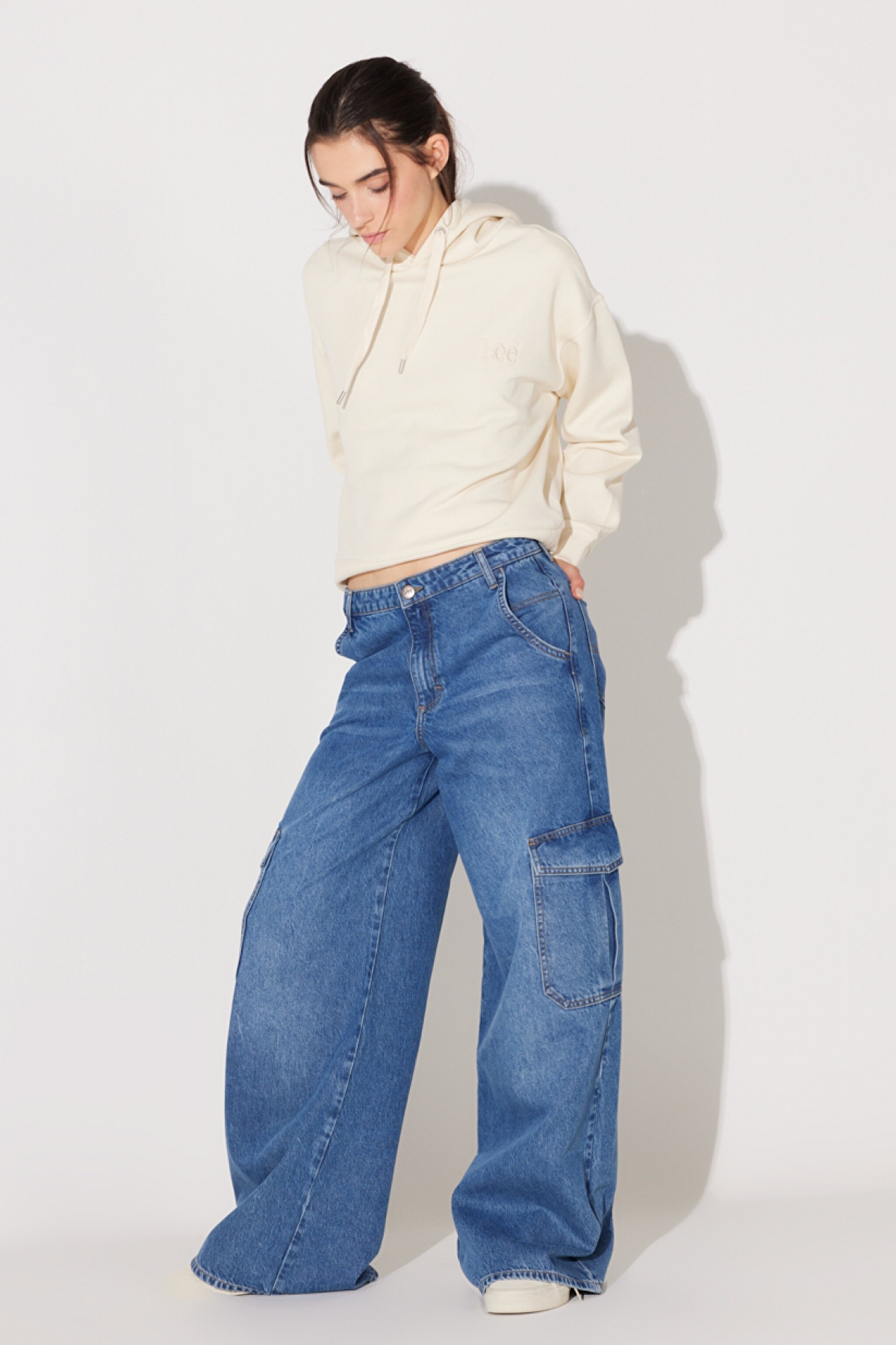 Loose Fit Geniş Kesim Normal Bel Açık Mavi Esnek Cargo Slouch Jean Denim Kot Pantolon - Universal Blue-L34NHLD67 (görsel 3)