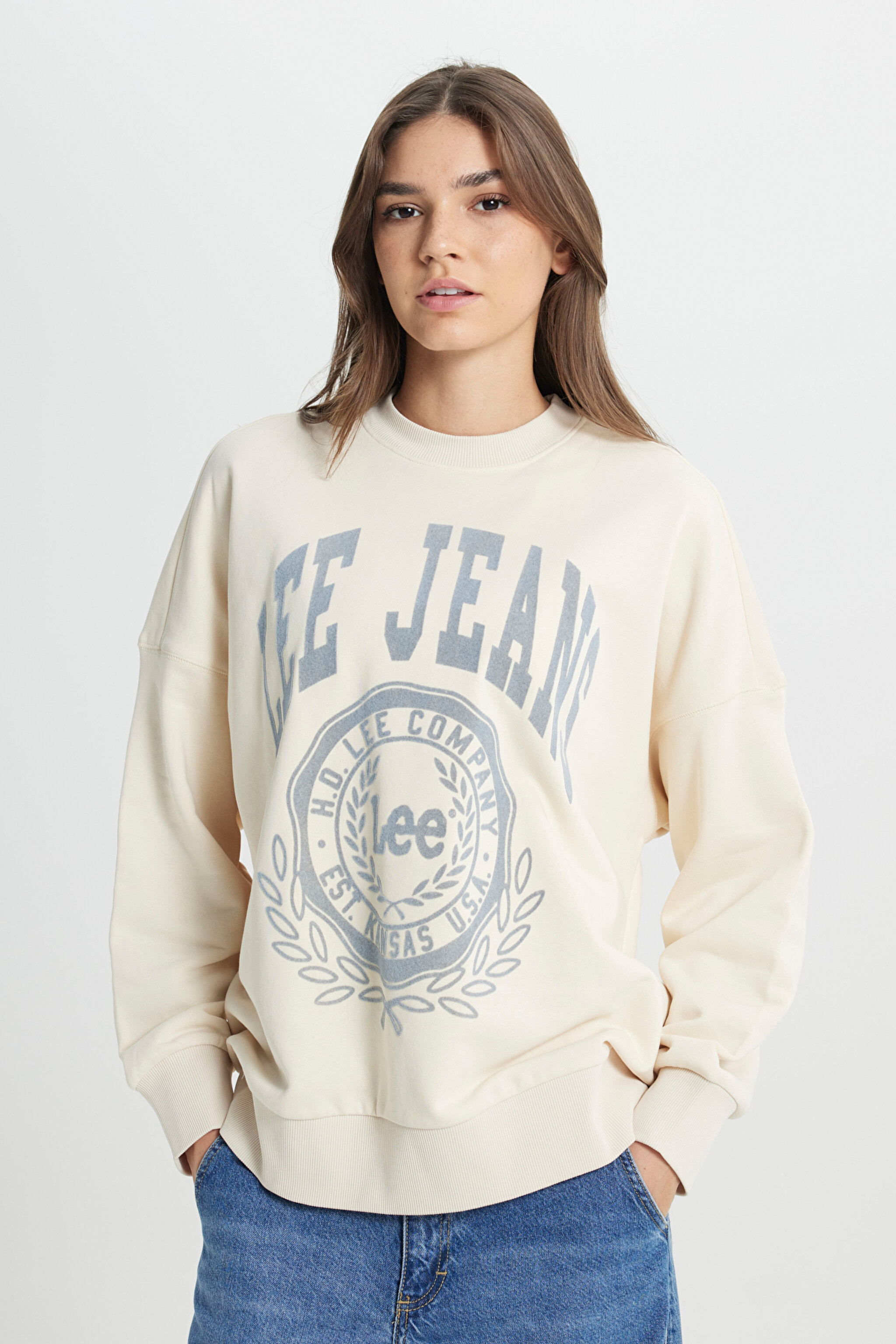 Loose Fit Rahat Kesim Bisiklet Yaka Şardonlu Ekru Sweatshirt - Ecru-L36ILJDN