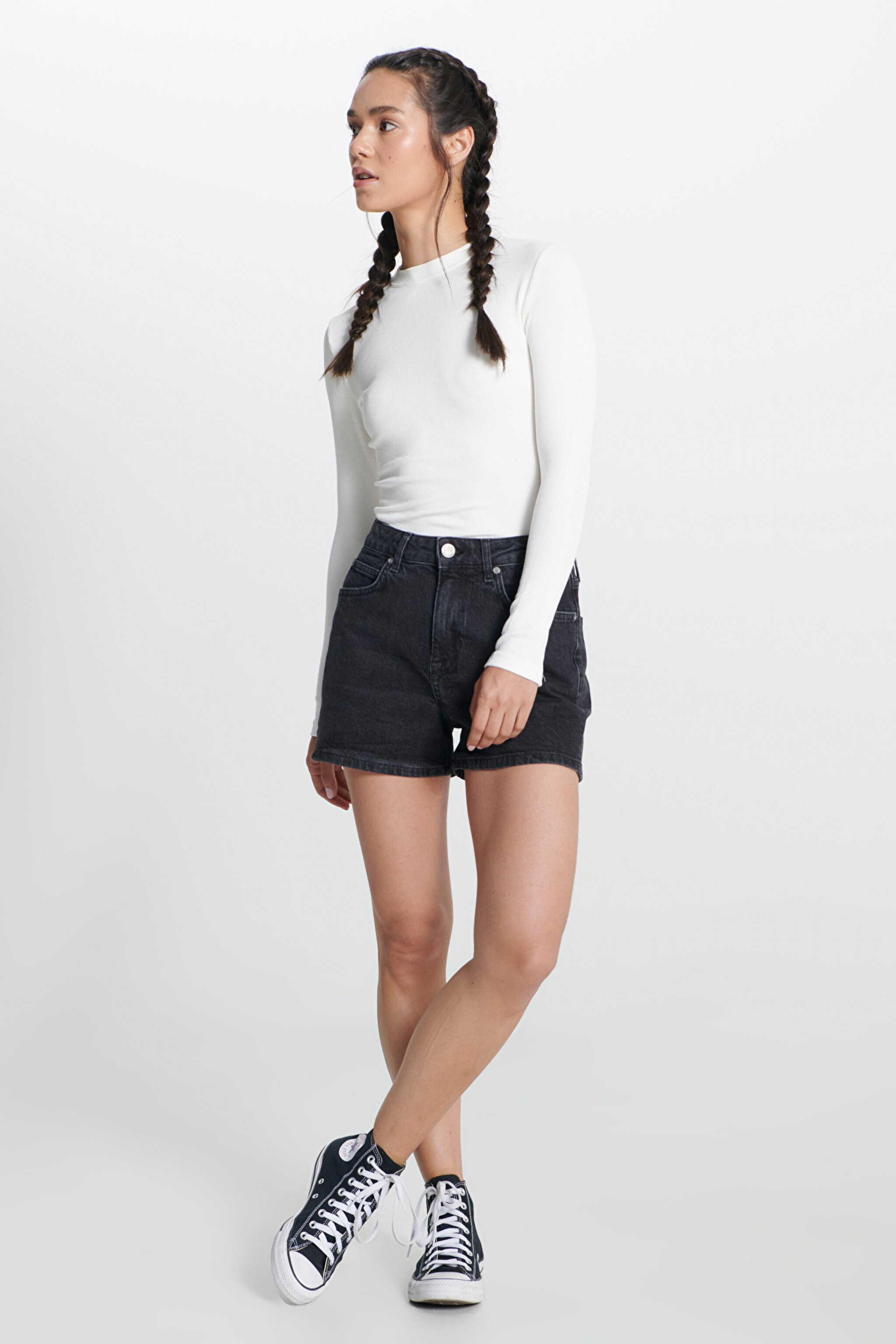 Carol Straight Fit Düz Kesim Yüksek Bel Esnek Jean Kot Şort - Evening Dark-L37CBBB34 (görsel 2)