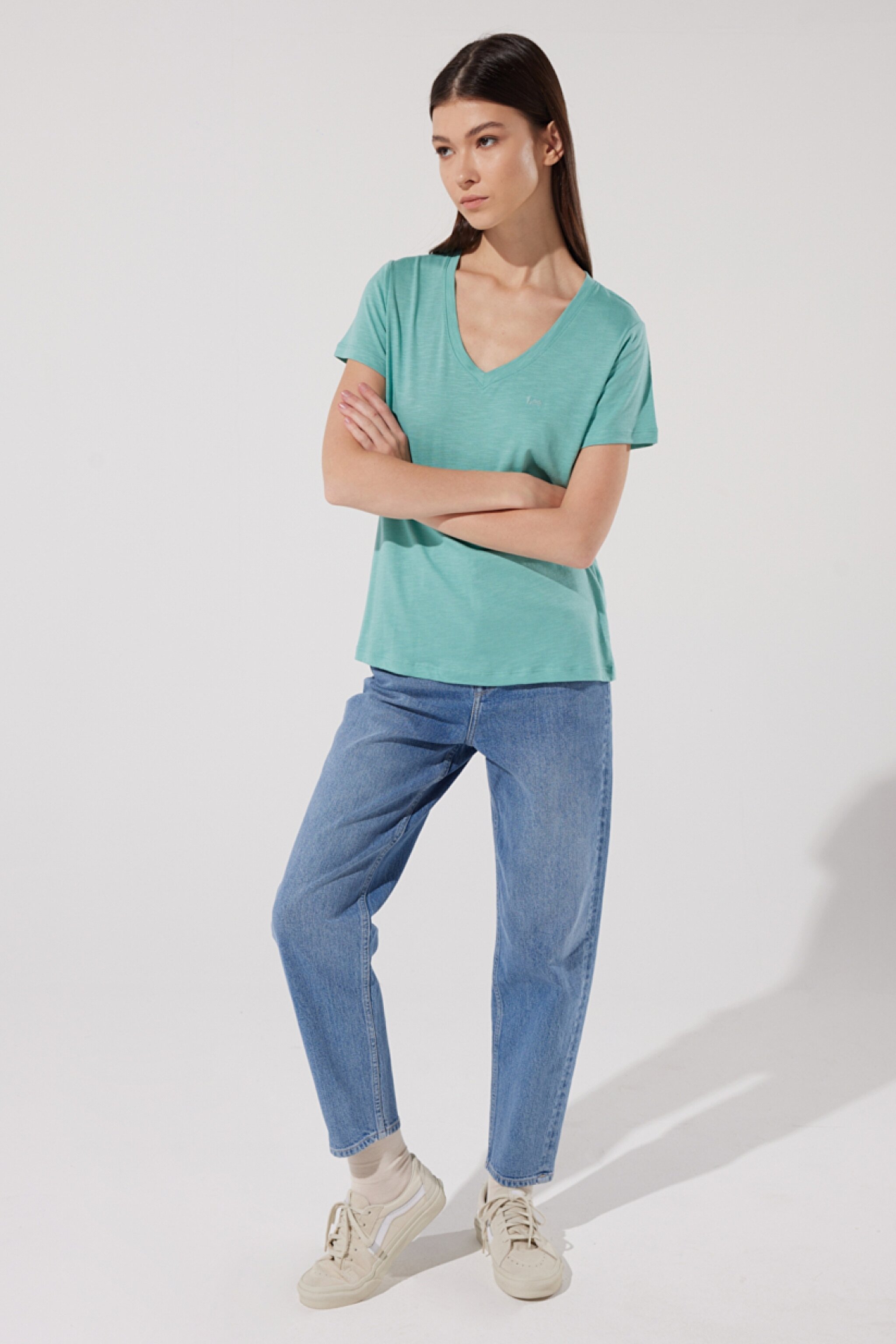 Regular Fit Normal Kesim %100 Pamuk Bisiklet Yaka Yeşil Tişört - Dusty Jade-L41JEN41 (görsel 4)