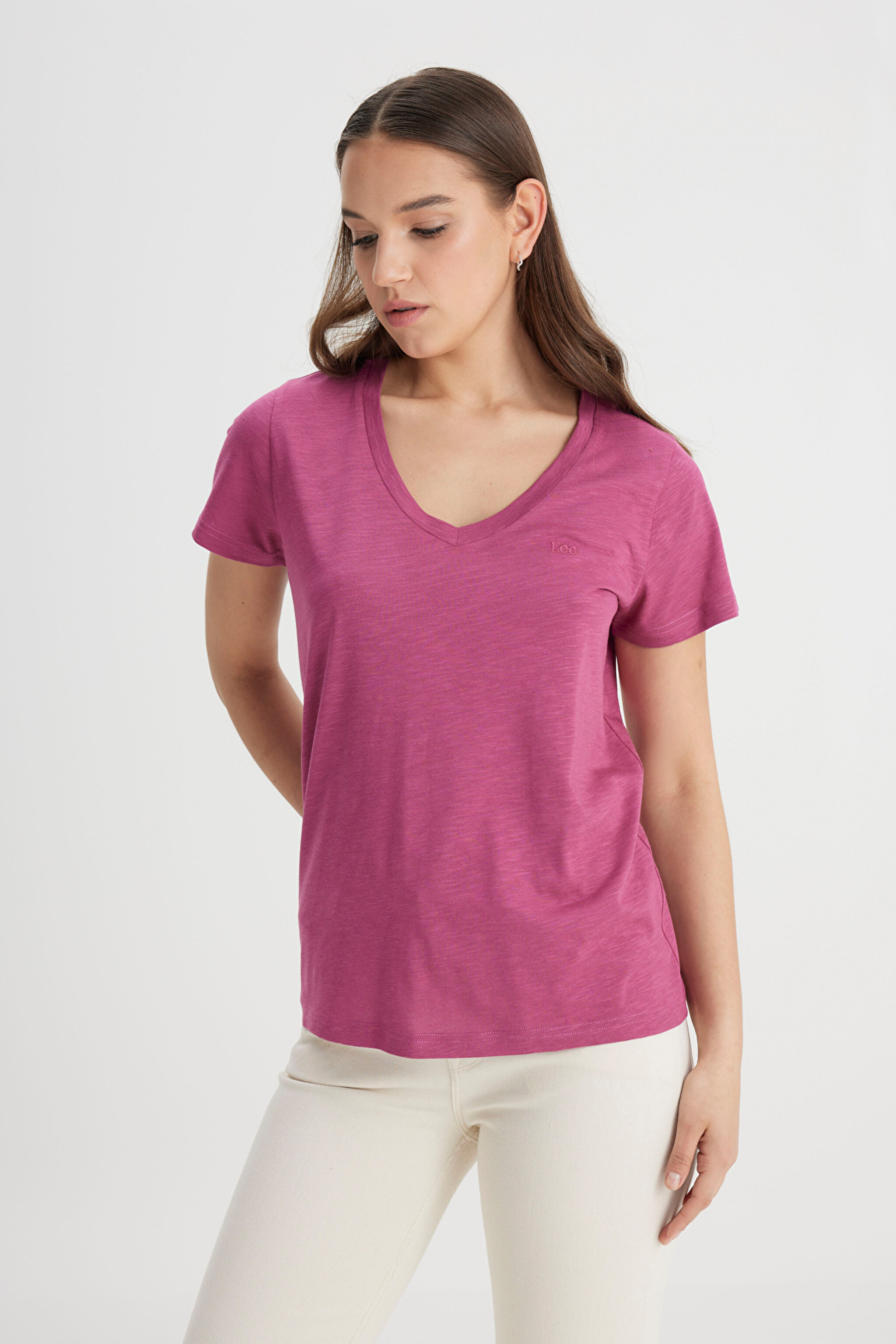 Regular Fit Normal Kesim V Yaka Mor Tişört - Violet Quartz-L41JEN50N (görsel 2)