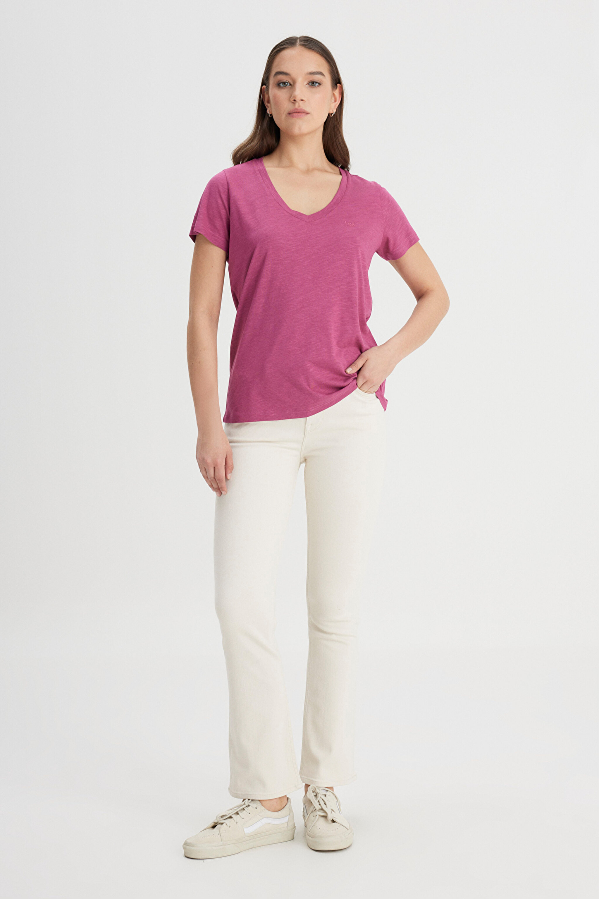 Regular Fit Normal Kesim V Yaka Mor Tişört - Violet Quartz-L41JEN50N (görsel 3)
