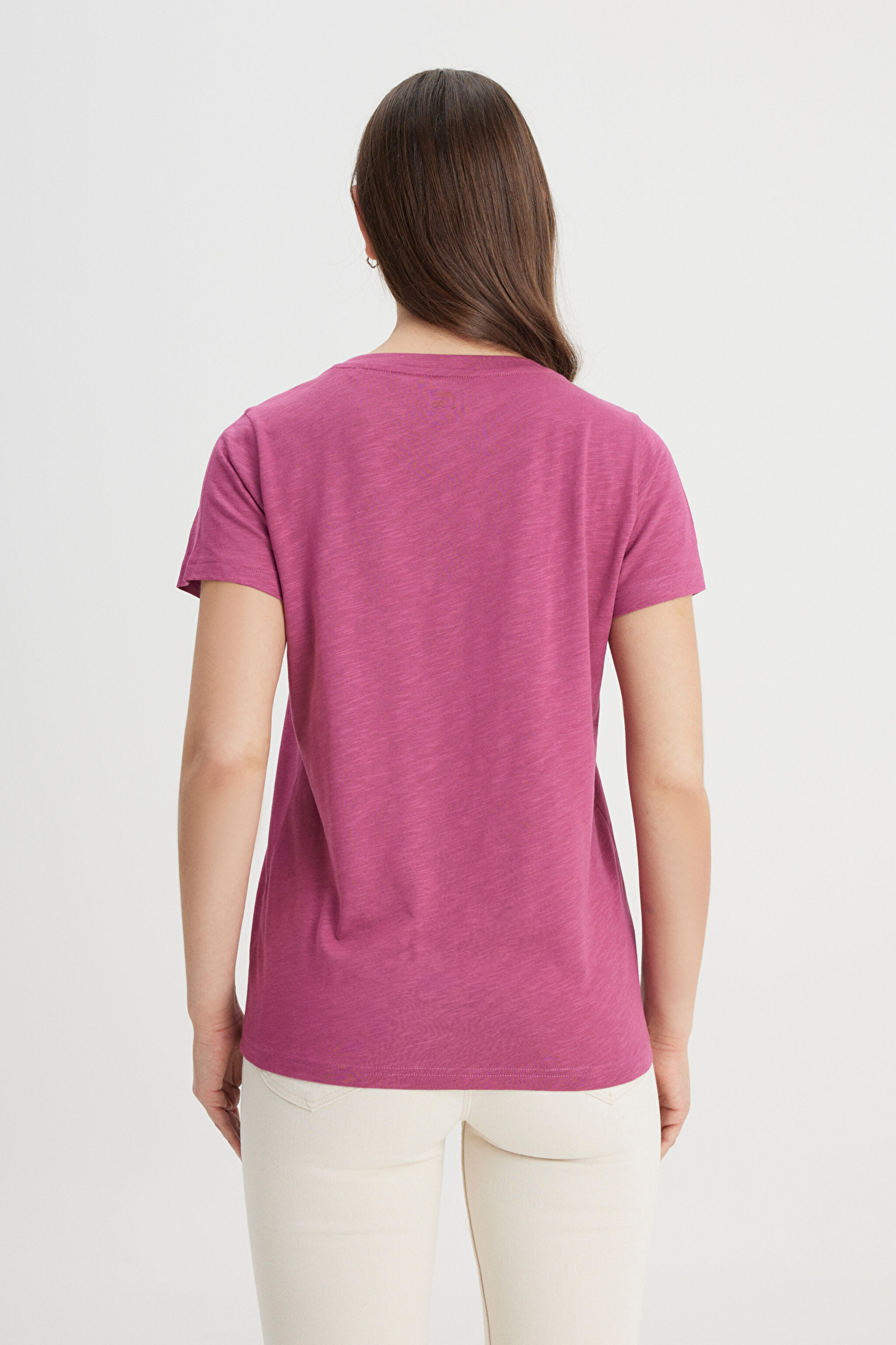 Regular Fit Normal Kesim V Yaka Mor Tişört - Violet Quartz-L41JEN50N (görsel 5)