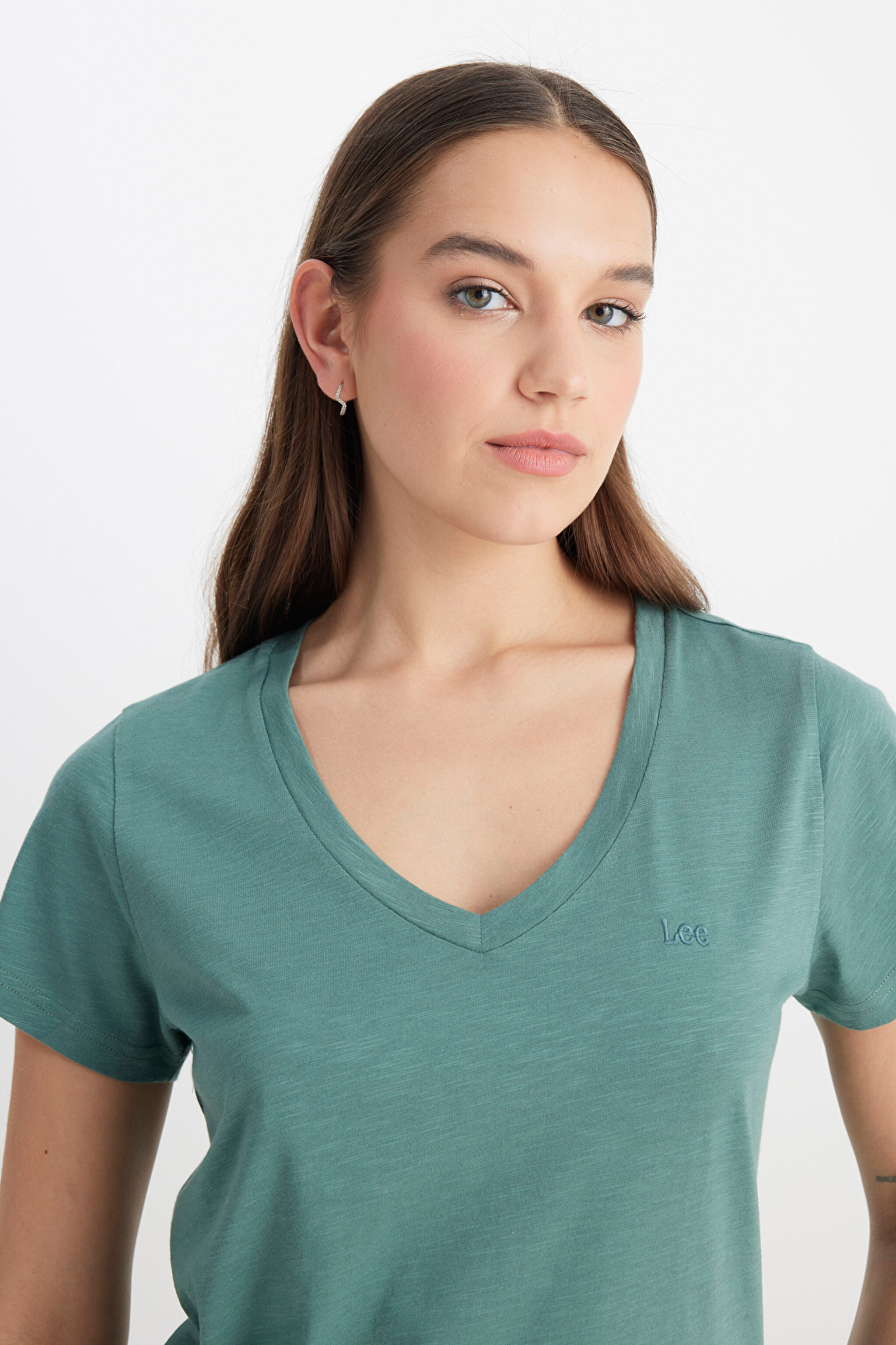 Regular Fit Normal Kesim V Yaka Haki Tişört - Khaki-L41JEN801 (görsel 2)
