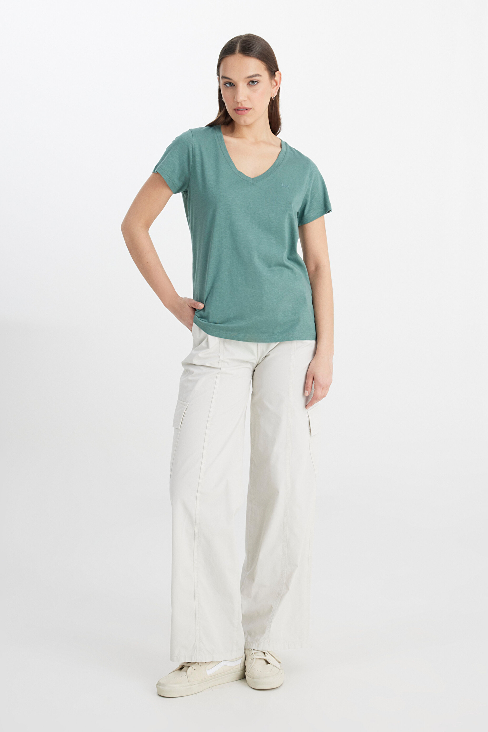 Regular Fit Normal Kesim V Yaka Haki Tişört - Khaki-L41JEN801 (görsel 3)