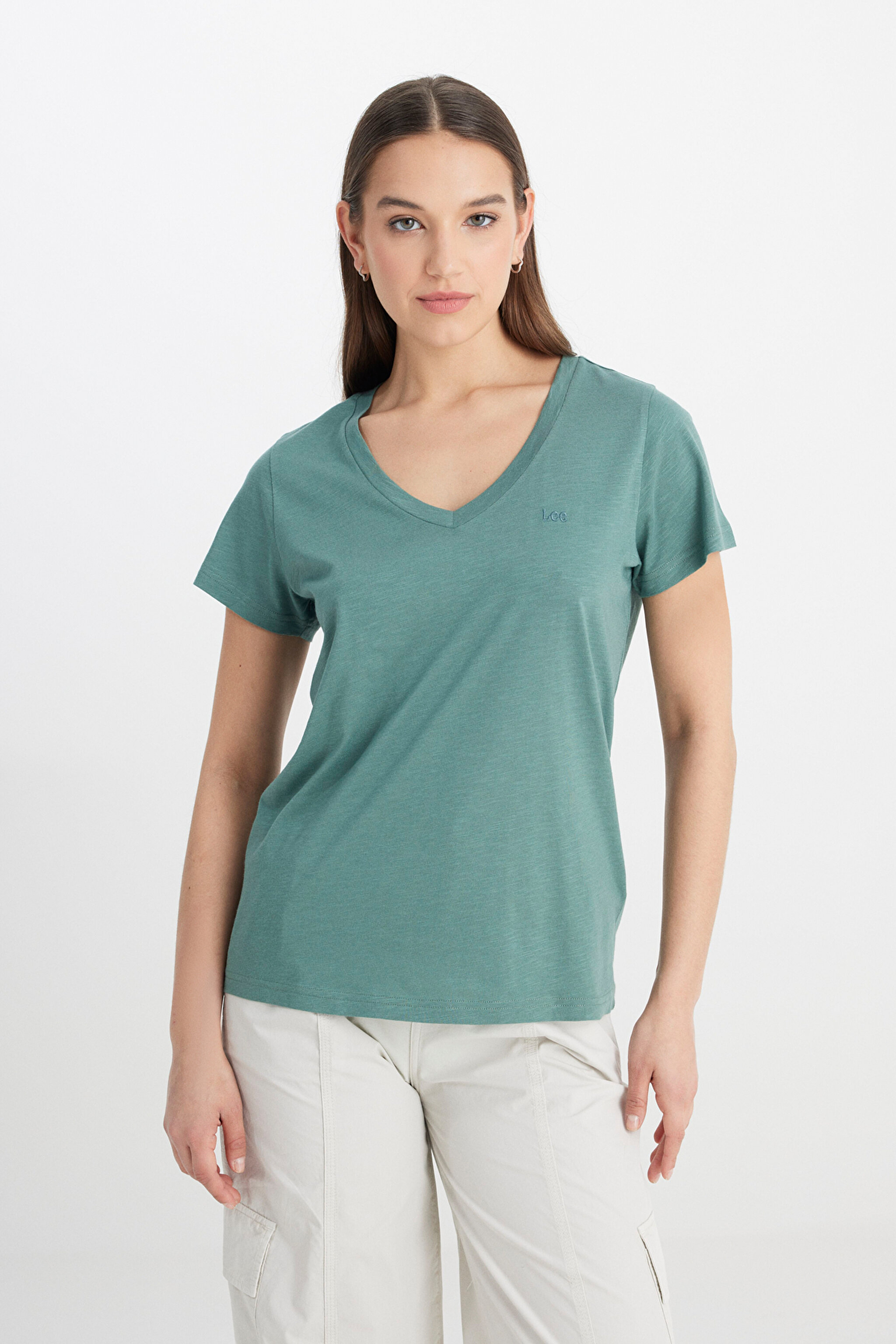 Regular Fit Normal Kesim V Yaka Haki Tişört - Khaki-L41JEN801 (görsel 4)