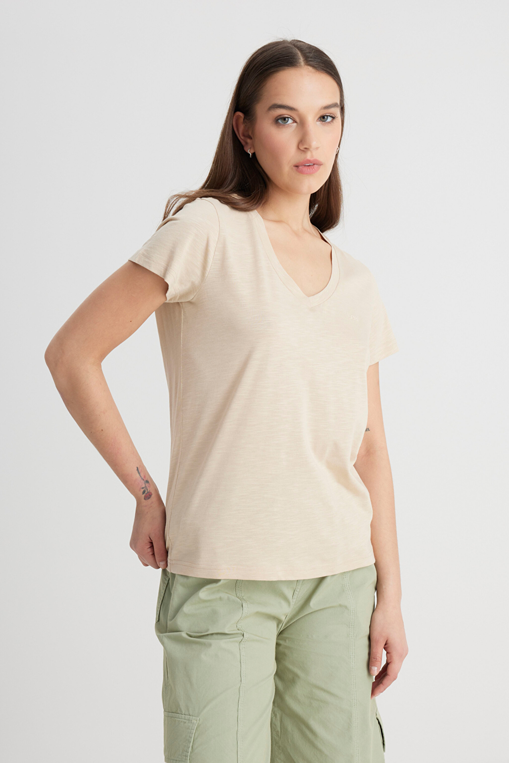 Regular Fit Rahat Kesim V Yaka Tişört - Oxford Tan-L41JENUQ