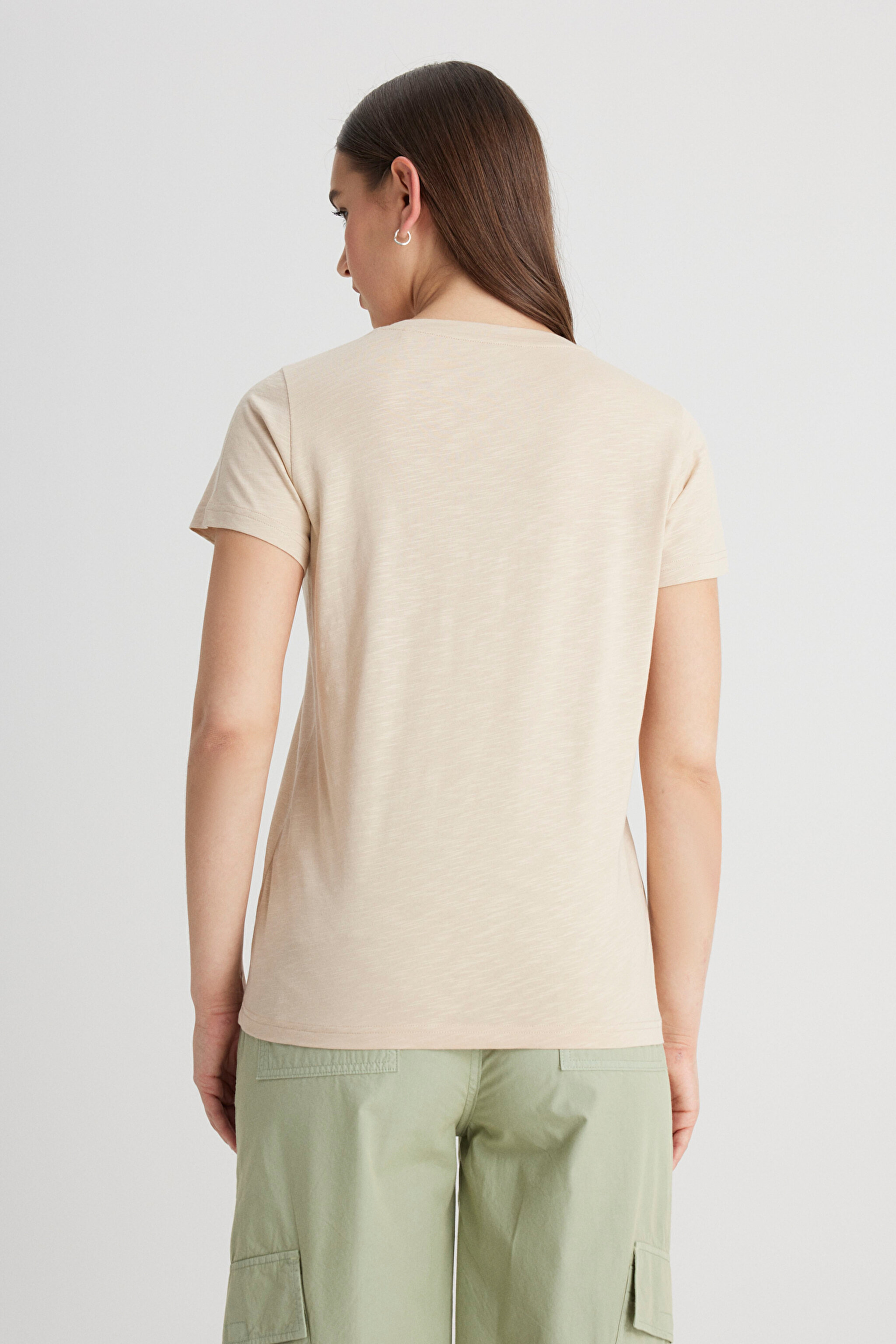 Regular Fit Rahat Kesim V Yaka Tişört - Oxford Tan-L41JENUQ (görsel 5)