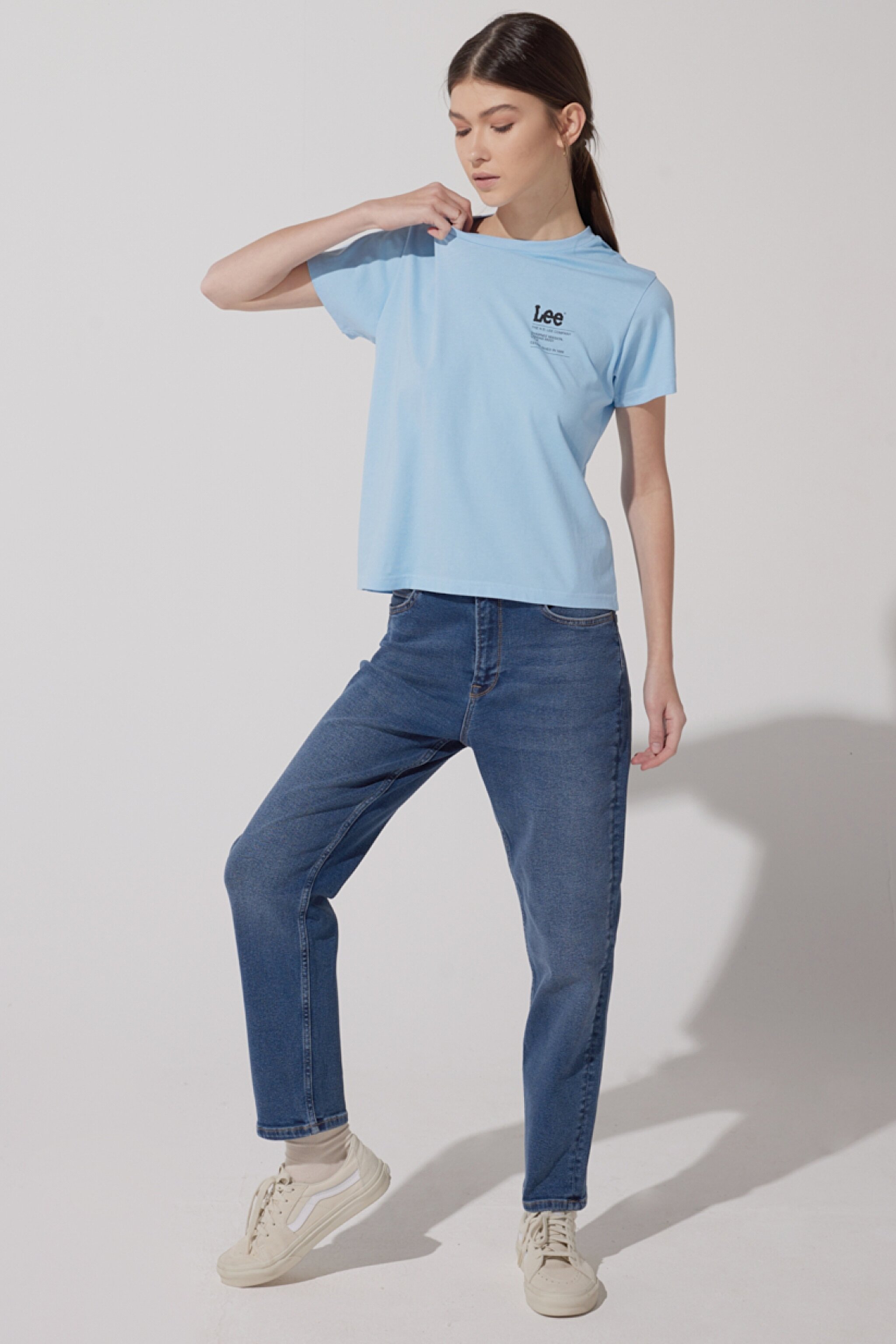 Oversize Fit Rahat Kesim %100 Pamuk Bisiklet Yaka Tişört - Shasta Blue-L43UEPA32 (görsel 3)