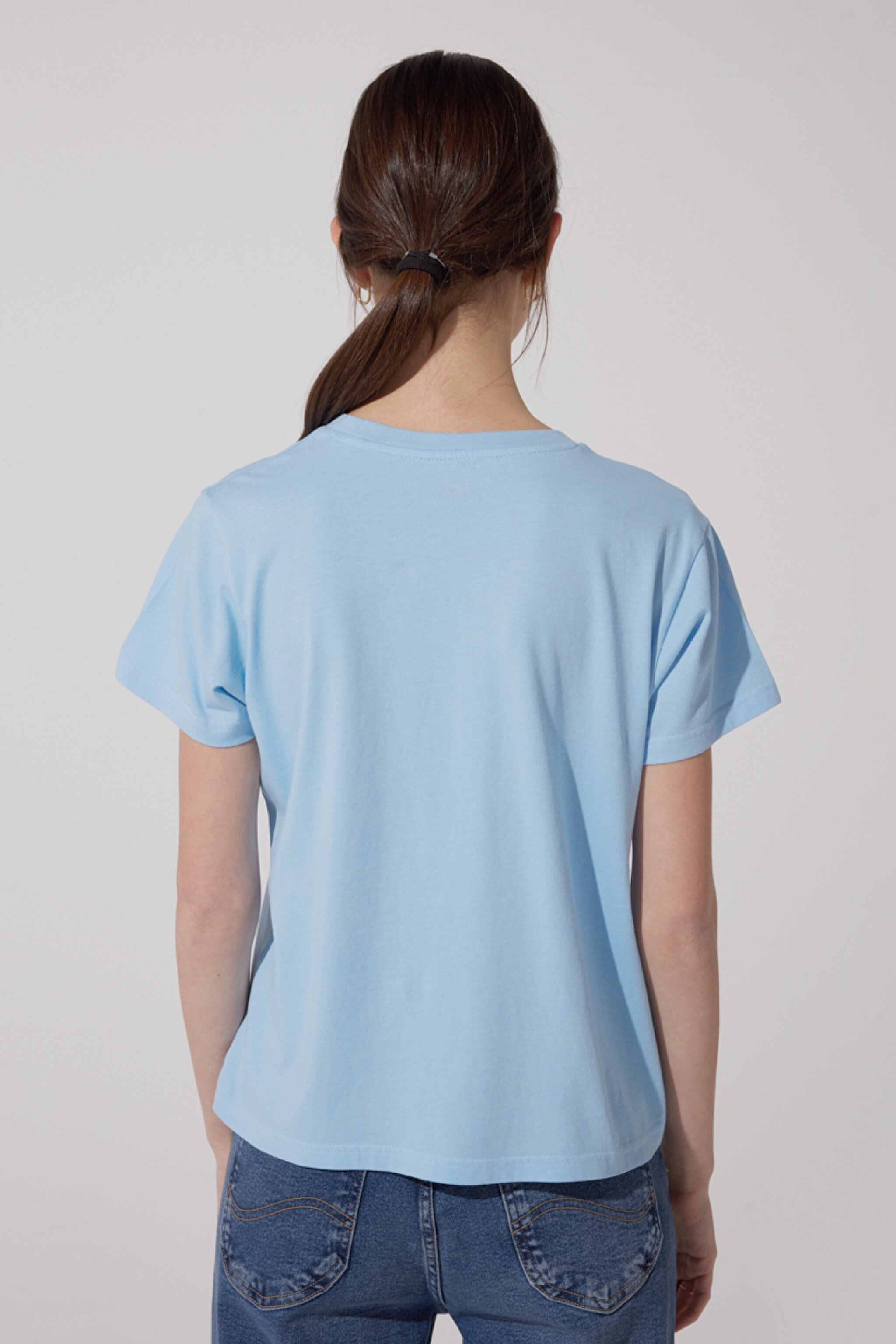 Oversize Fit Rahat Kesim %100 Pamuk Bisiklet Yaka Tişört - Shasta Blue-L43UEPA32 (görsel 6)
